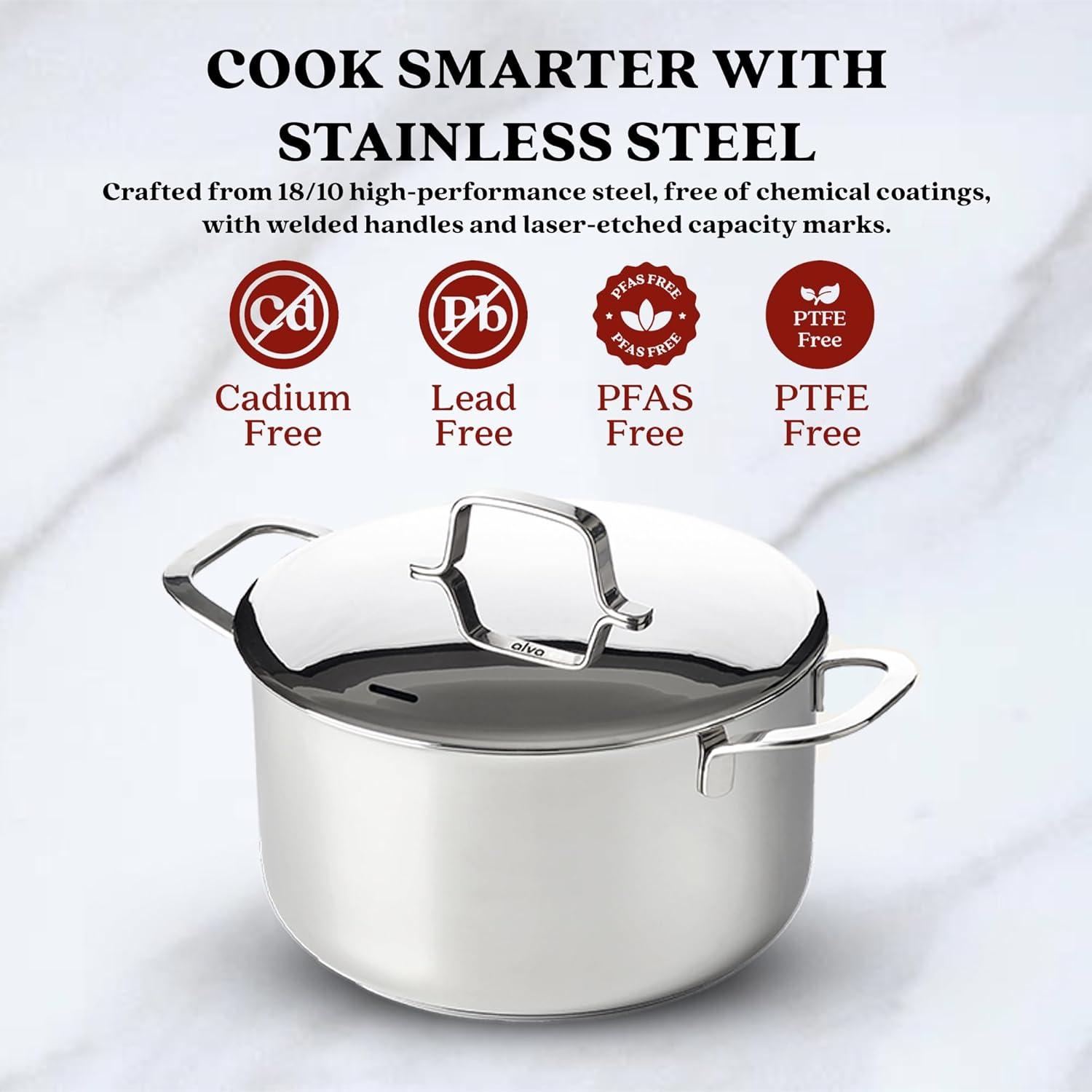 Alva Maestro 8 Qt. Stainless Steel Stock Pot with Lid Scratch Resistant Non-Toxic PFAS Free Compatible with All Stovetops Oven Safe & Induction Safe