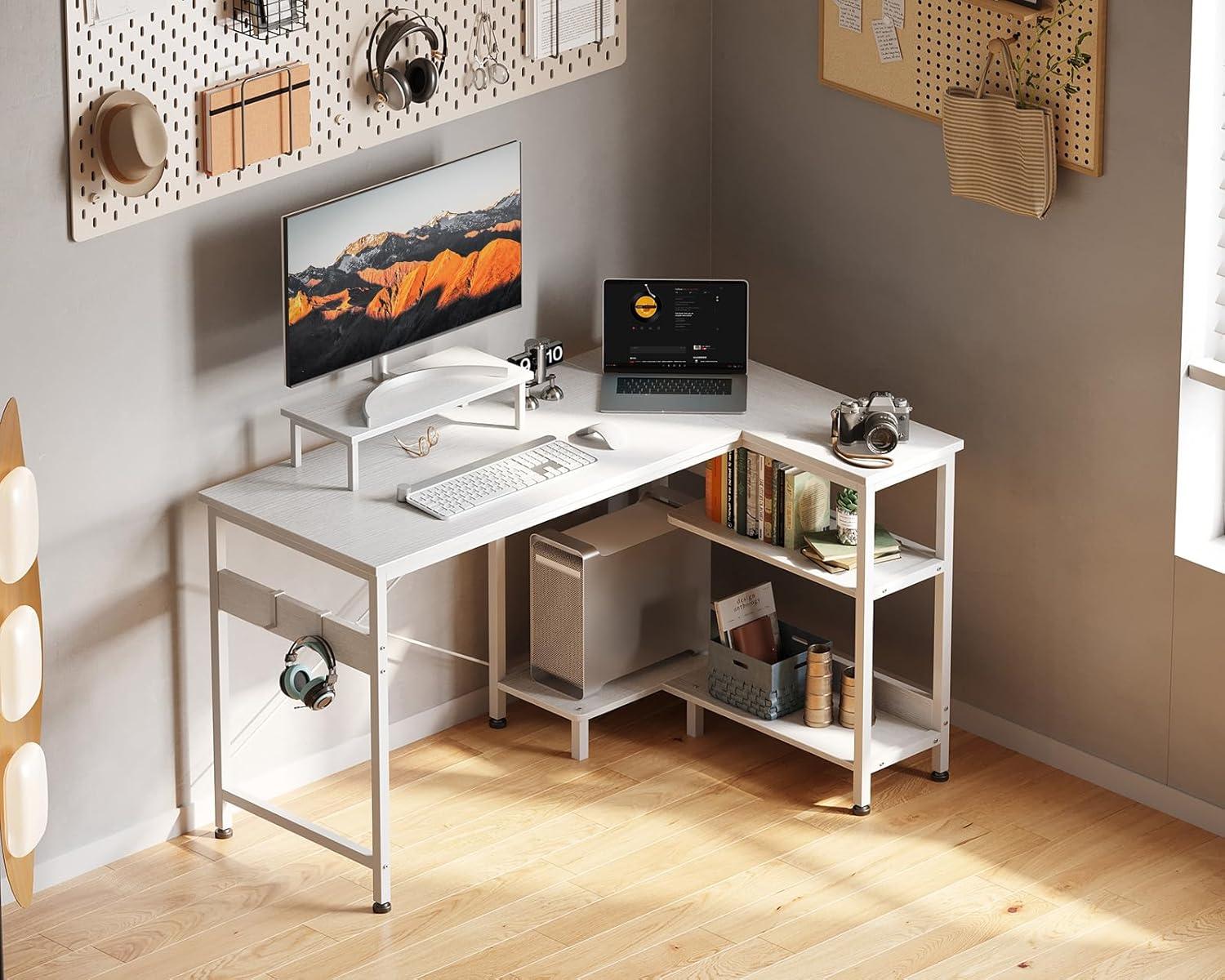 ODK 47 Inch Compact L Shaped Desk for Apartment, Living Room, Bedroom, or Office with Storage Shelves, Headphone Hook, and Monitor Stand