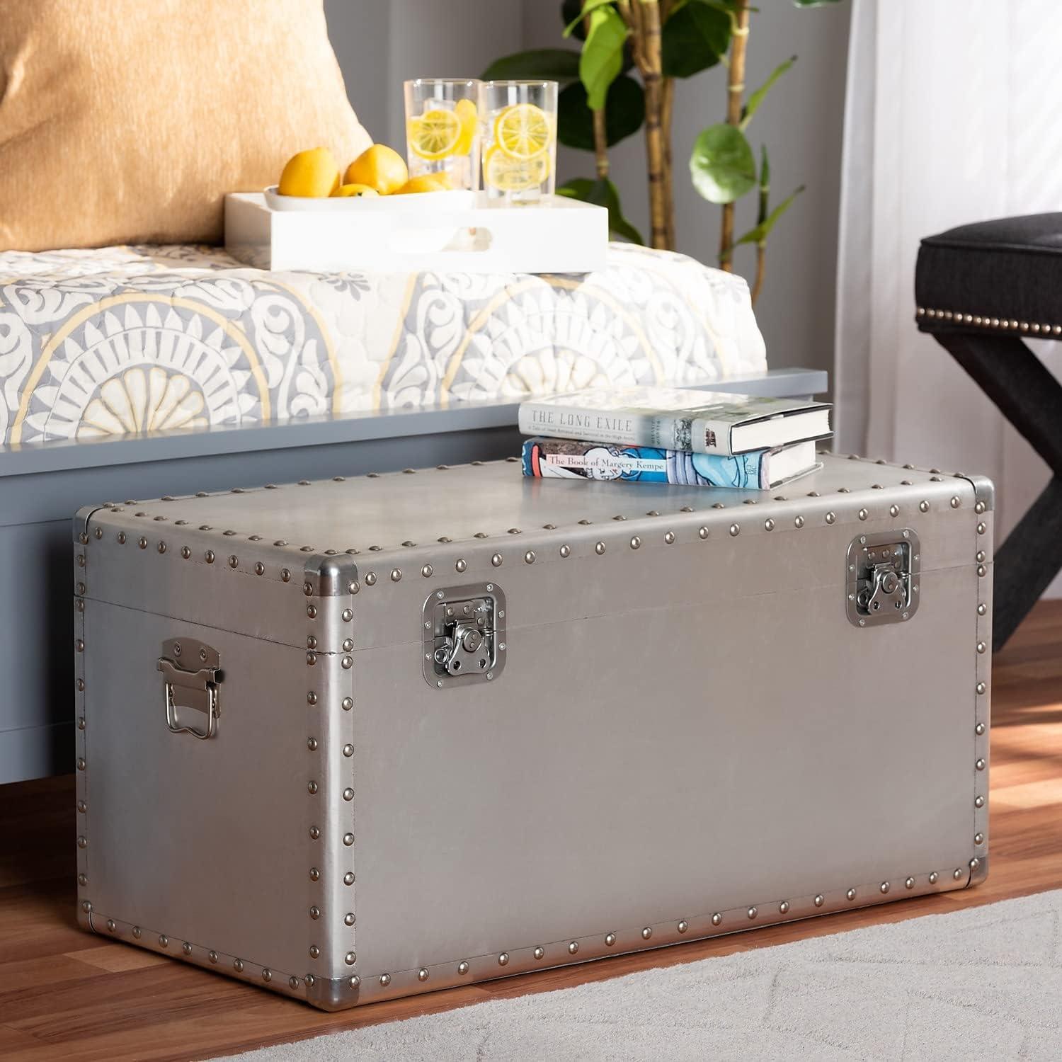 Baxton Studio Serge Metal Storage Trunk Silver: No Assembly, Spot Clean, 150lb Capacity, All Ages