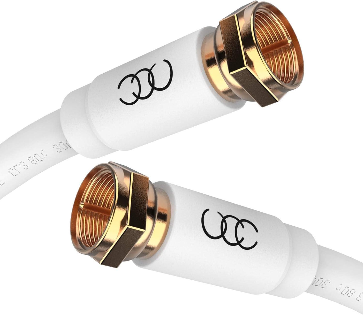 Ultra Clarity Cables Coaxial Cable, Triple Shielded RG6 Coax Cable for TV, In-Wall Rated Gold Plated Connectors Digital Audio Video with Male F Connector Pin, Antenna Cable, White, 6 Feet