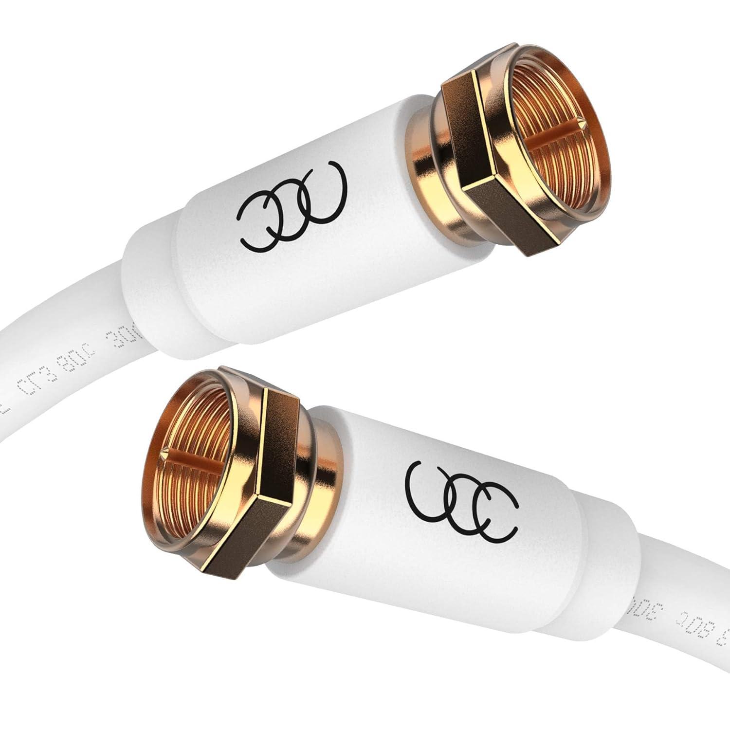 Ultra Clarity Cables Coaxial Cable, Triple Shielded RG6 Coax Cable for TV, In-Wall Rated Gold Plated Connectors Digital Audio Video with Male F Connector Pin, Antenna Cable, White, 6 Feet