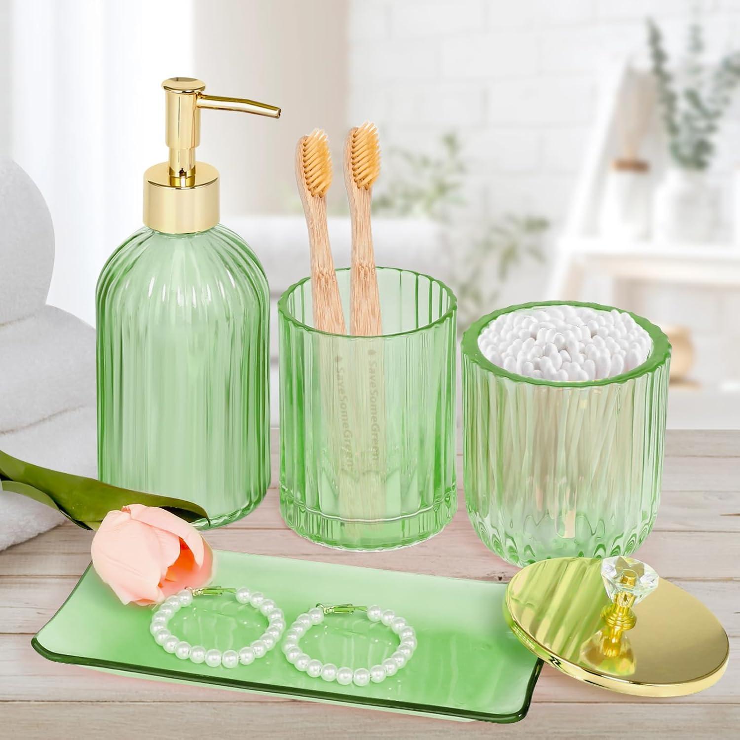 Green Glass Bathroom Accessories Set with Gold Accents, 4 Pieces