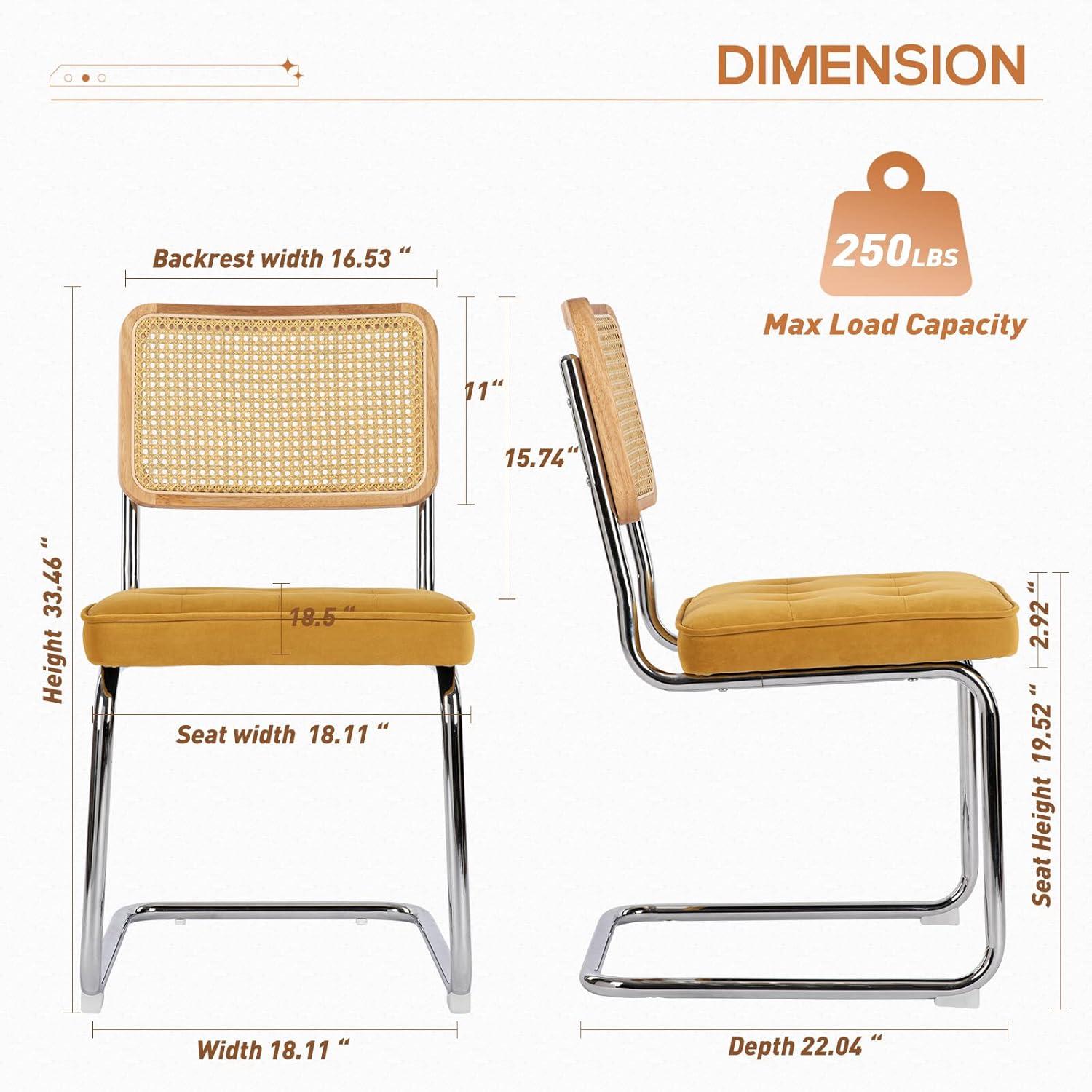 COLAMY Velvet Rattan Dining Chairs Set of 2, Mid Century Modern Dining Room Kitchen Side Chairs with Metal Chrome Legs and Upholstered Seat for Home, Living Room, Bedroom - Yellow