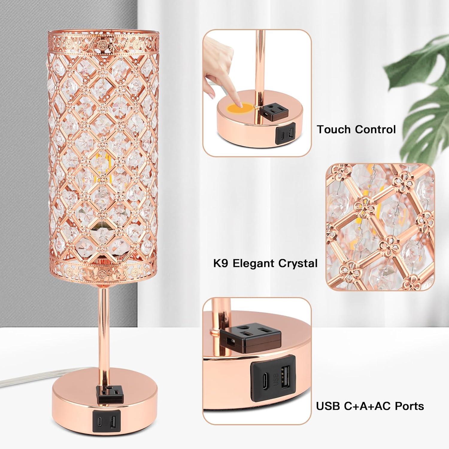 Rose Gold Crystal Touch Table Lamp with USB Ports