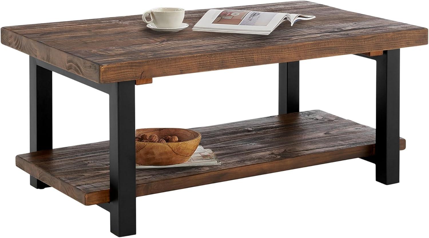 Alaterre Furniture 42" Pomona Wide Coffee Table Wood Rustic Natural: Fixed Shelf, Metal Frame, Living Room Furniture