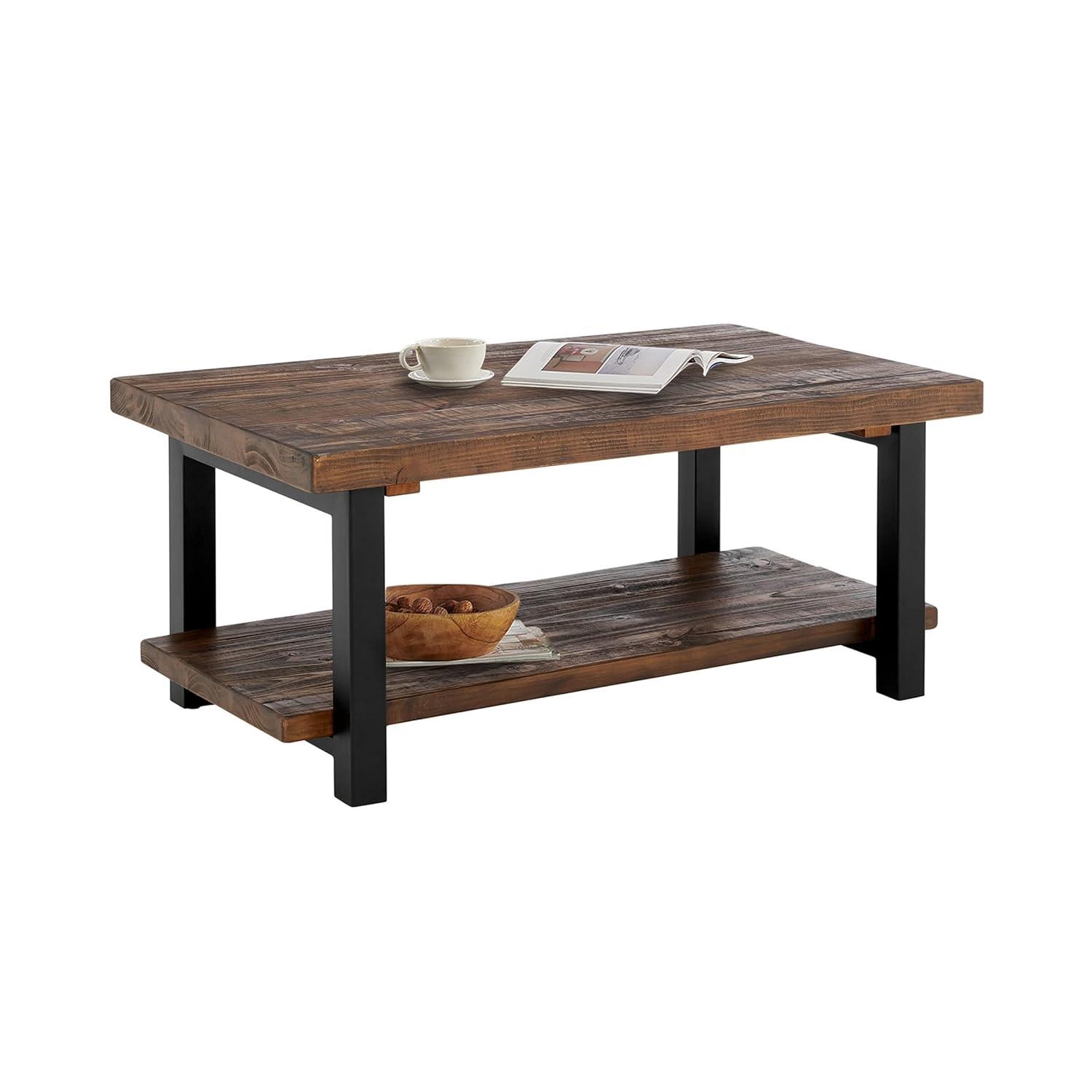 Alaterre Furniture 42" Pomona Wide Coffee Table Wood Rustic Natural: Fixed Shelf, Metal Frame, Living Room Furniture