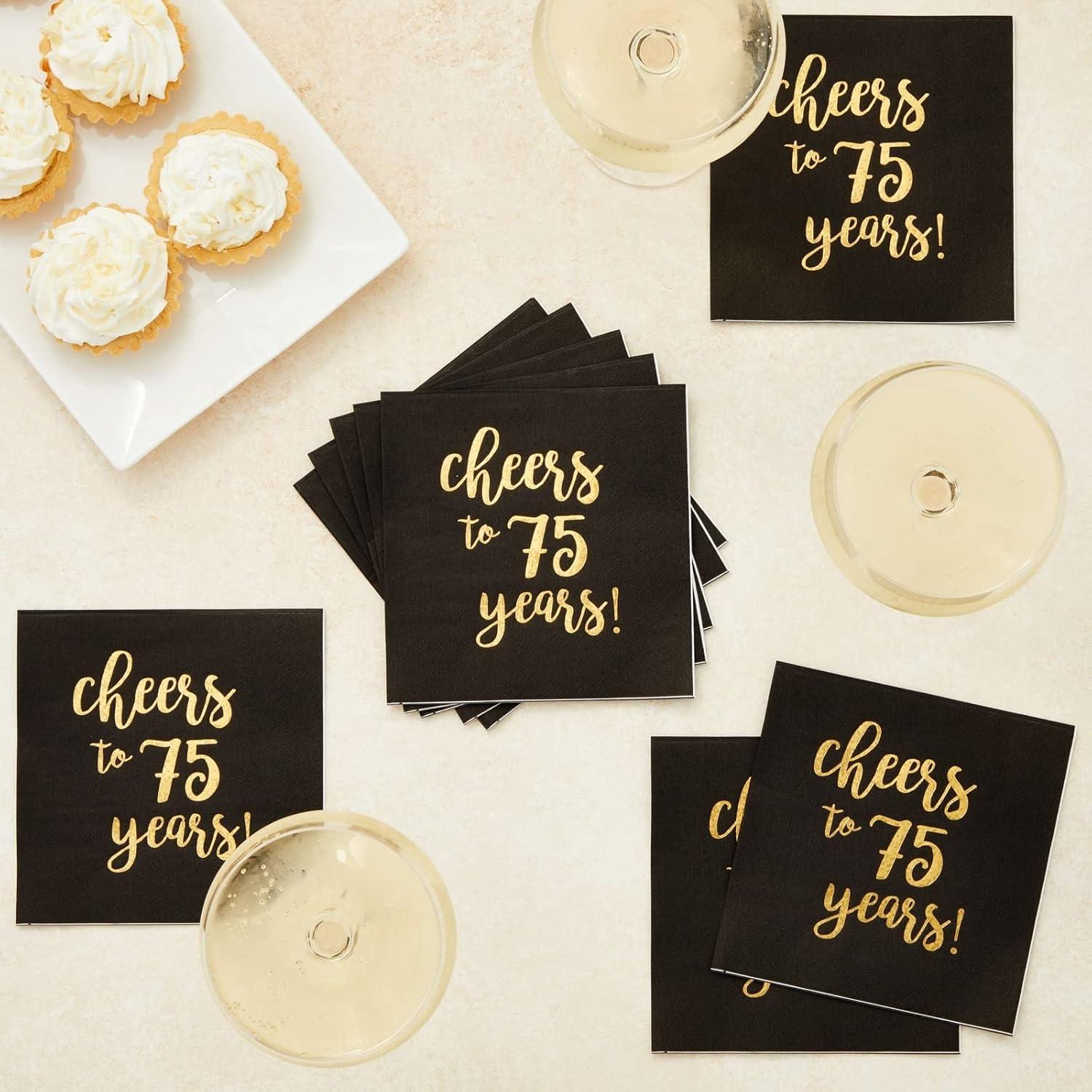 Sparkle and Bash 50 Pack 75 Birthday Party Cocktail Napkins, Cheers to 75 Years (5 x 5 In)