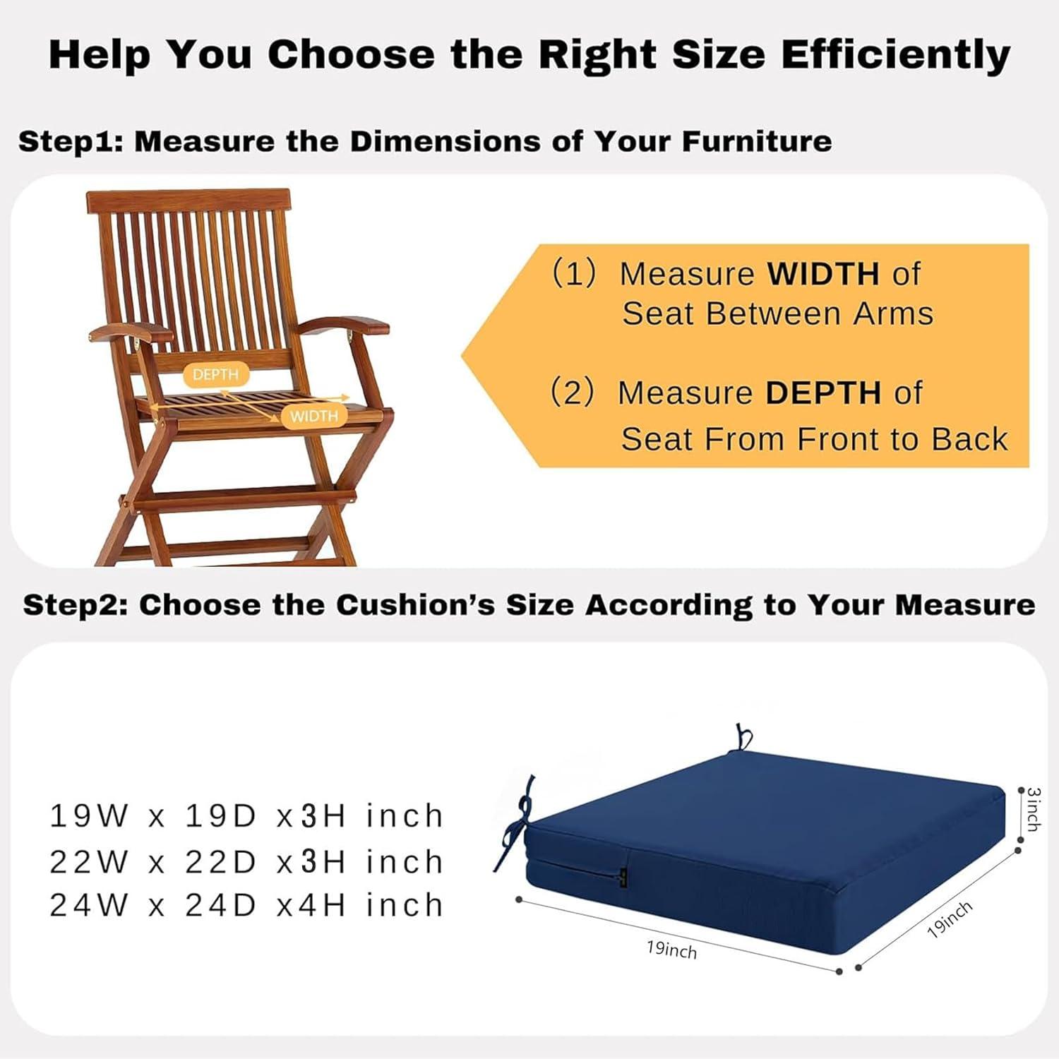 idee-home Outdoor Chair Cushions Set of 2, Waterproof Outdoor Seat Cushions for Patio Furniture, Outside Replacement Chair Pad with Ties for Lawn Deck Porch, 19 x 19 Navy Blue