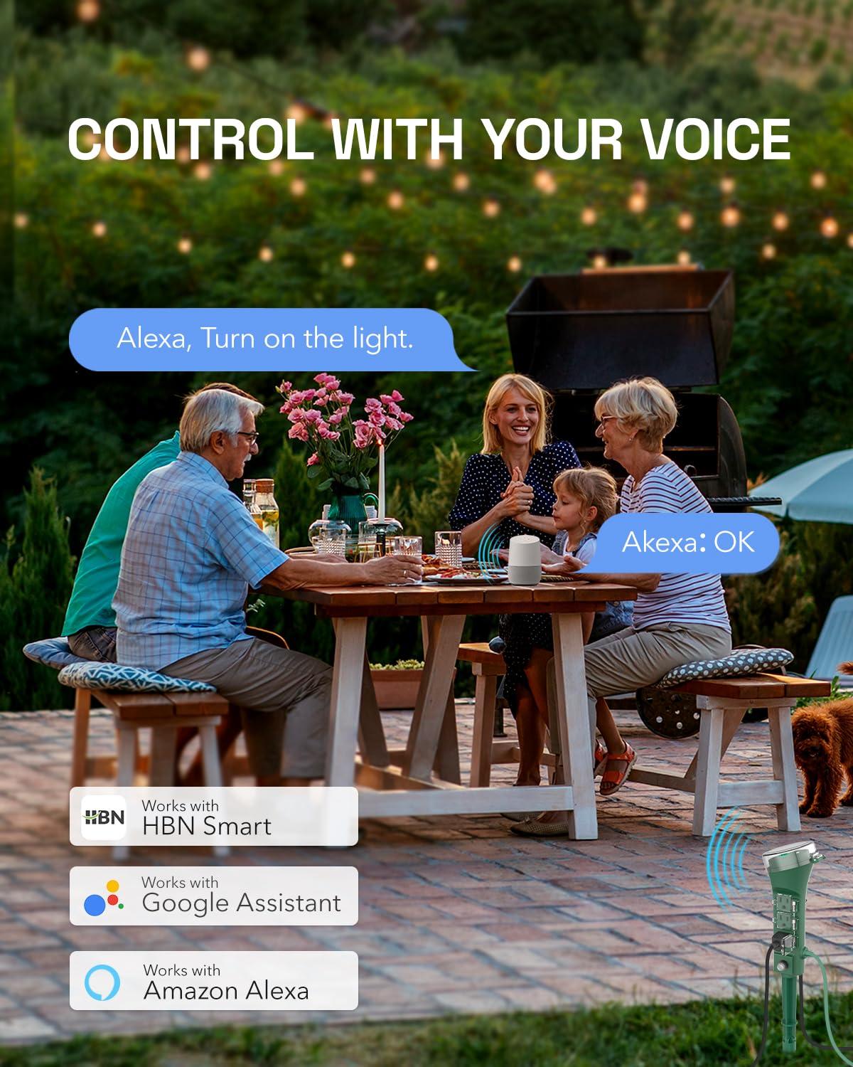 HBN Outdoor Smart Plug Waterproof WiFi Outdoor Outlet Timer with 6 Grounded Outlets, Remote & Voice Control Heavy Duty Yard Stake Plug Compatible with Alexa and Google Assistant