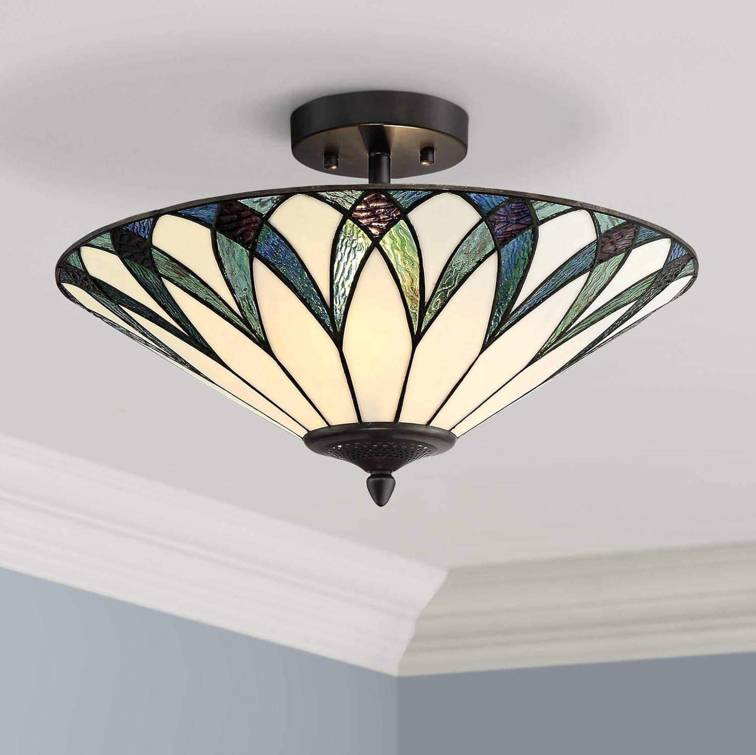 Regency Hill Filton Tiffany Style Ceiling Light Semi Flush Mount Fixture 18" Wide Bronze 2-Light Blue Green Art Glass for Bedroom Kitchen Living Room