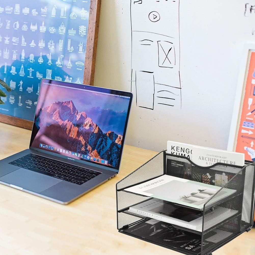 EASEPRES Mesh Desktop File Organizer, Document Mail Desk Folder Holder with 3 Paper Letter Tray and 1 Vertical Upright Compartment for Office Supplies, Desk Accessories & Workspace, Black
