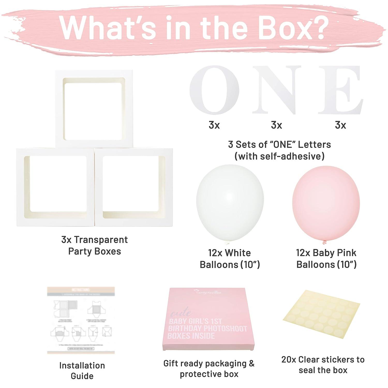 First Birthday Balloon 'ONE' Boxes for Baby Girl WITH 24 Balloons - Baby 1st Birthday Girl Decoration Clear Cube Blocks 'ONE' Letters as Cake Smash Photoshoot Props First Birthday Decorations Bac