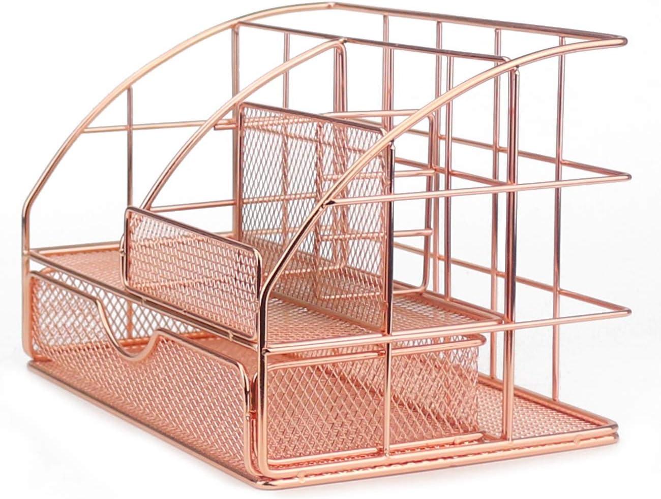 Rose Gold Mesh Desk Organizer with 6 Compartments and Drawer