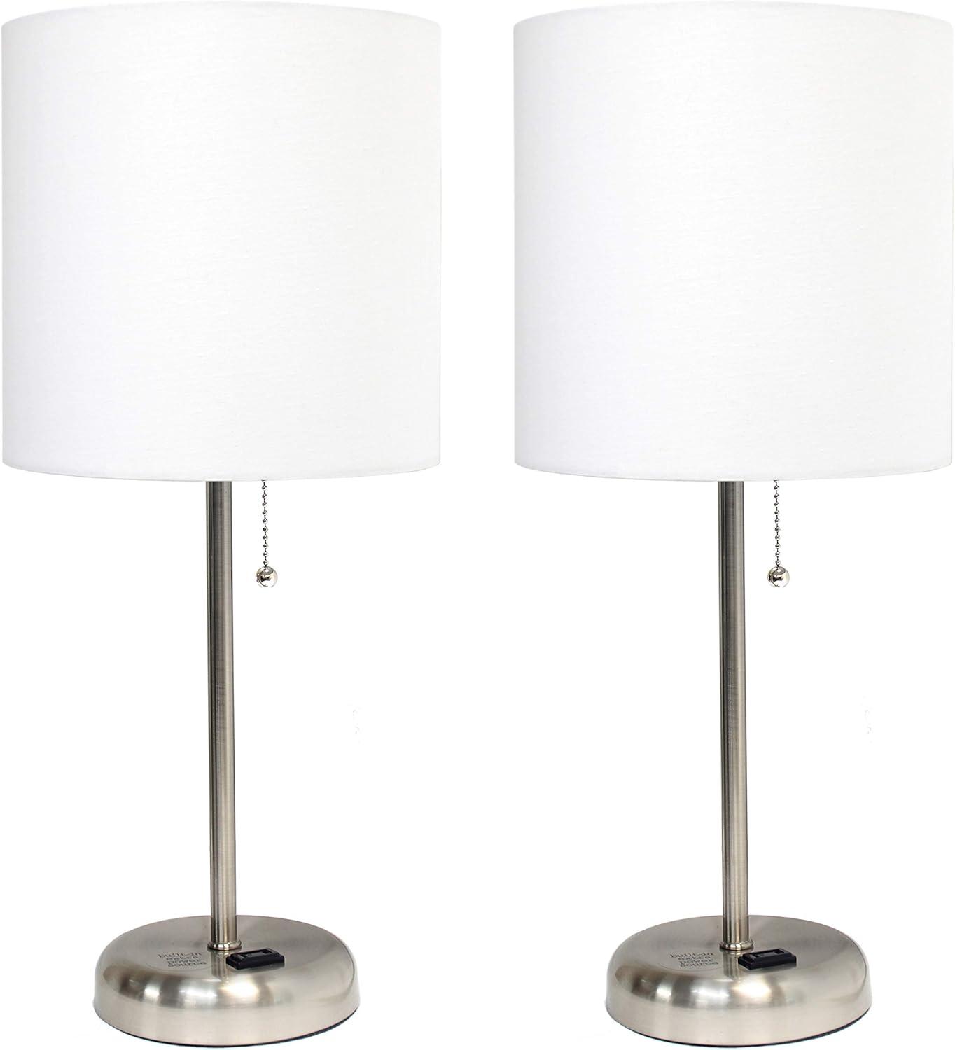 White Fabric Shade Brushed Steel Stick Table Lamp Set with Charging Outlet