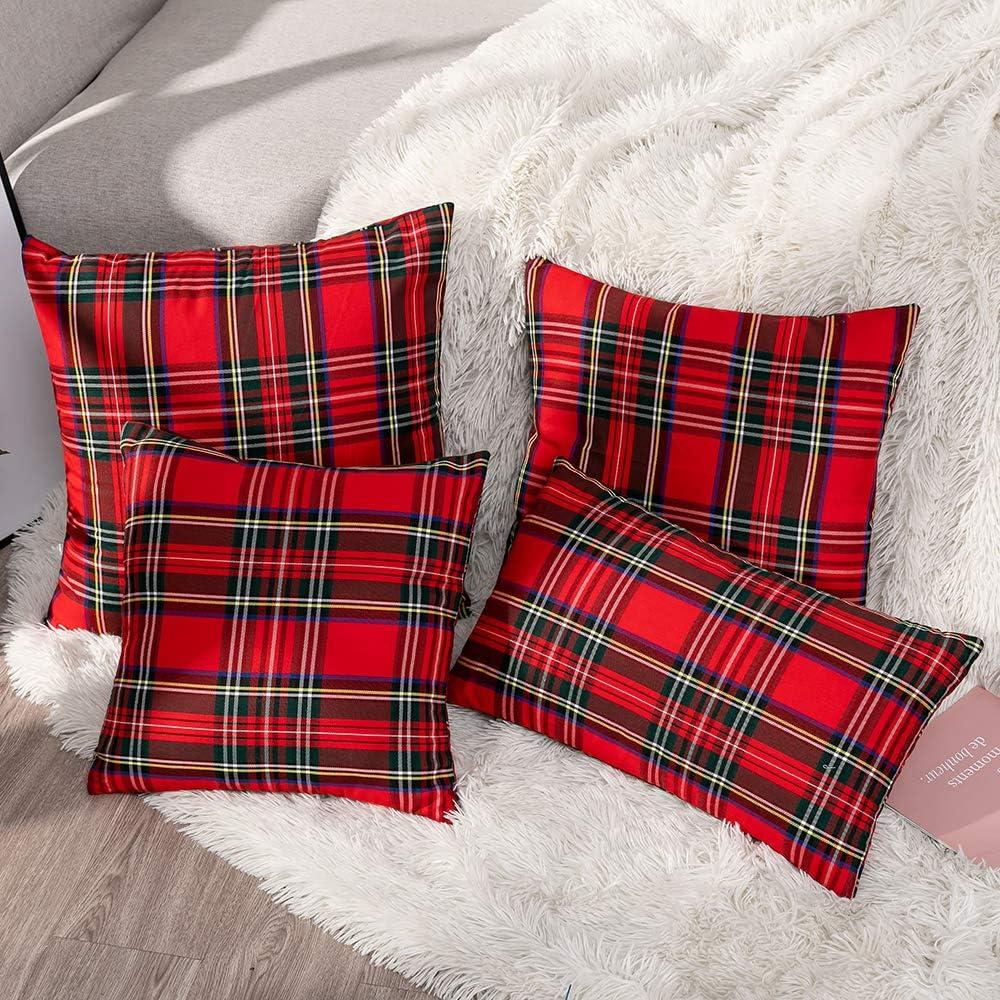 Pack of 2 Christmas Plaid Decorative Throw Pillow Covers Red Plaid Cushion Case for Farmhouse Home Holiday Decor