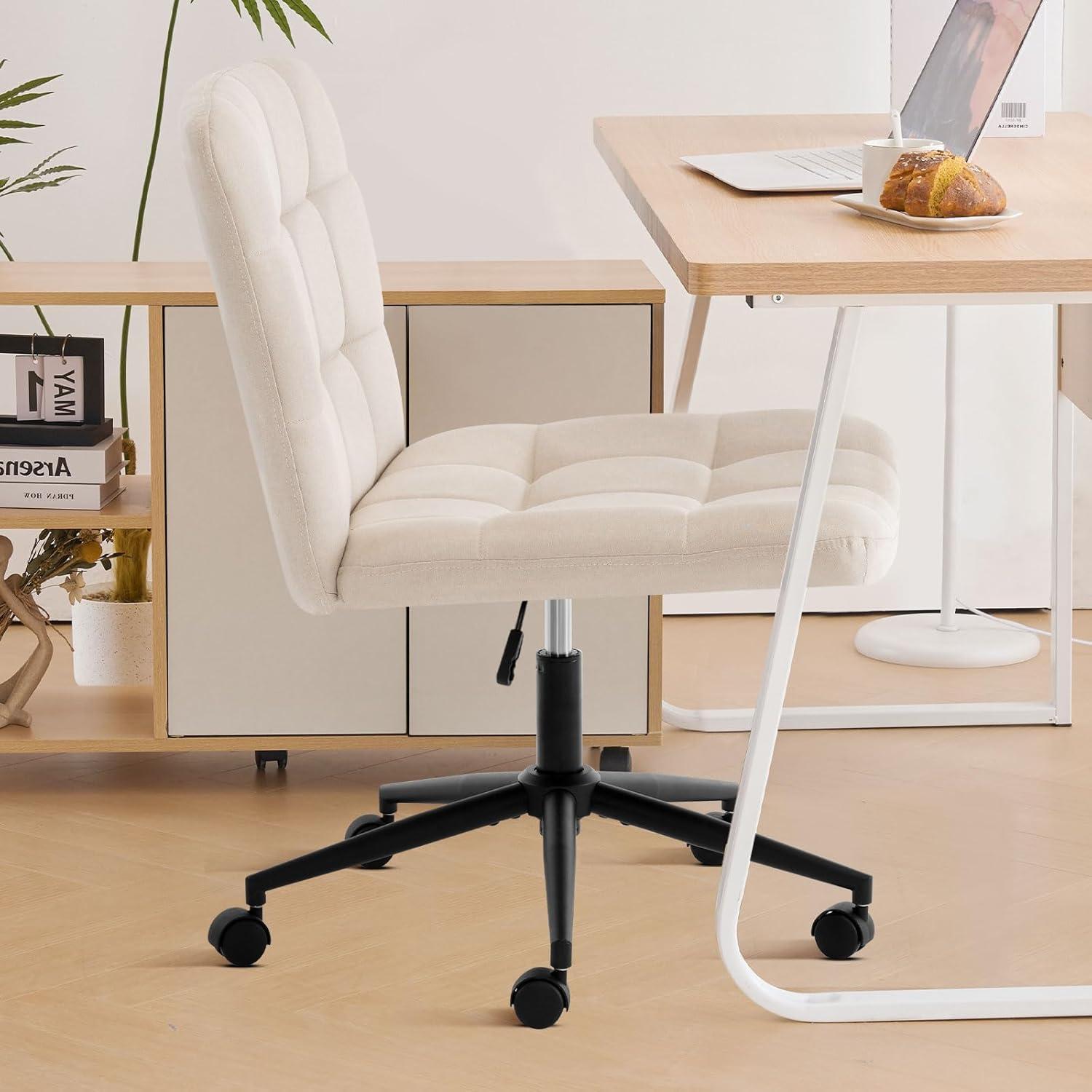 Furniliving Home Office Desk Chair with Wheels,Criss Cross Legged Wide Chair Armless Height Adjustable Chair with Mid Back Swivel Accent Vanity Chairs,Linen-Beige