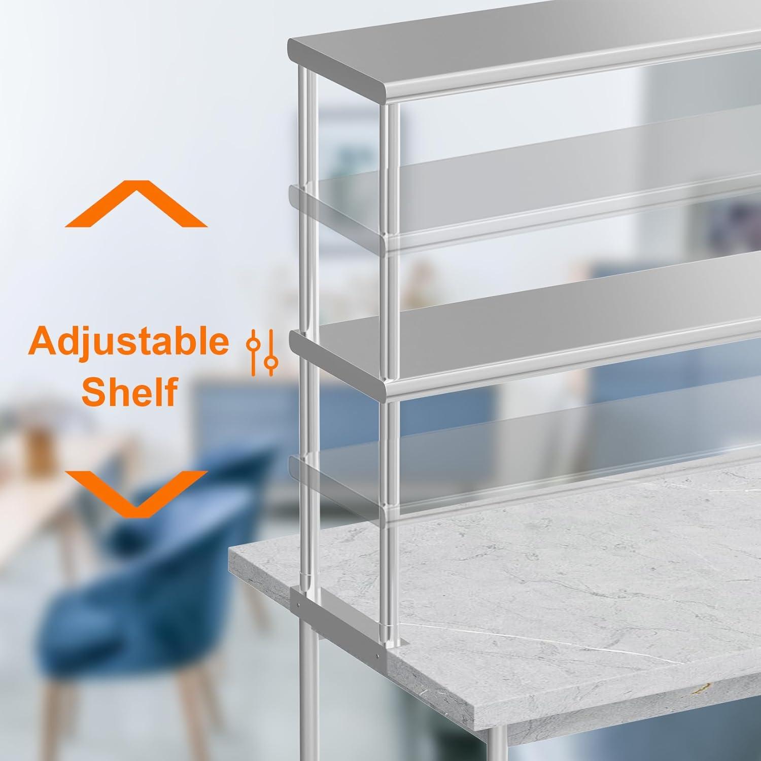 Stainless Steel Adjustable Double Deck Overshelf for Prep Table, 12'' x 60''