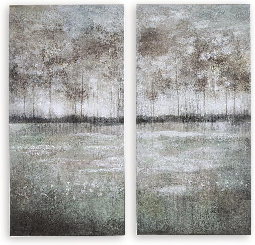 Gray and Green Abstract Woodland Canvas Wall Art Set