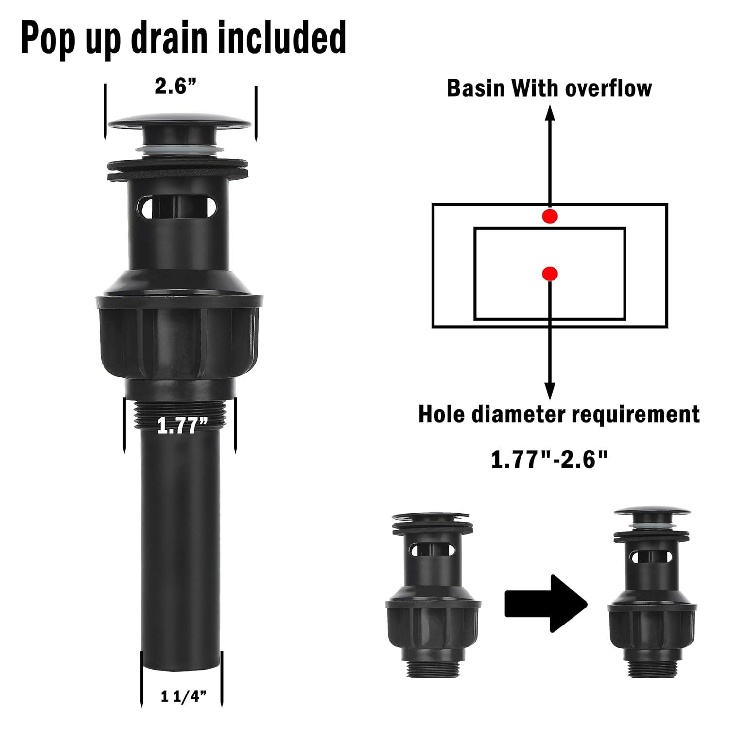 Matte Black Vessel Sink Faucet for Sink 1 Hole Single Handle Deck Mount Bathroom Sink Faucet Bowl Sink Mixer Tap with Pop Up Drain Combo Vanity RV Bar Sink Faucet