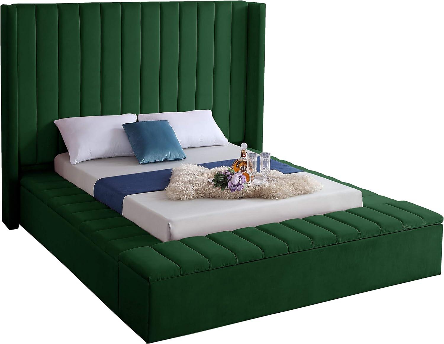 Meridian Furniture Kiki Solid Wood and Velvet Queen Bed in Green