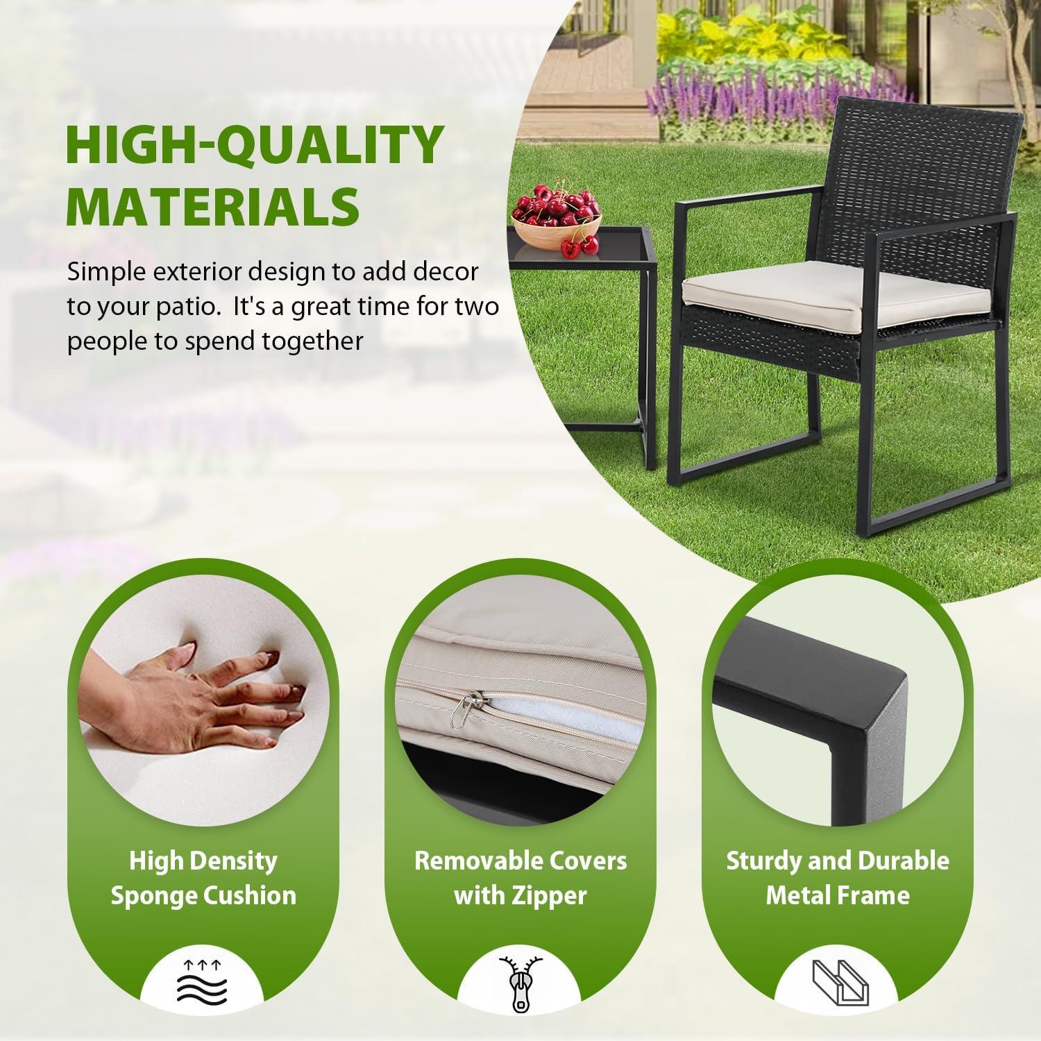 FDW Rattan Patio Furniture Set of 3 Outdoor Conversation Set Water Resistant Bistro Set for Poolside Balcony Patio Bar Garden, Khaki