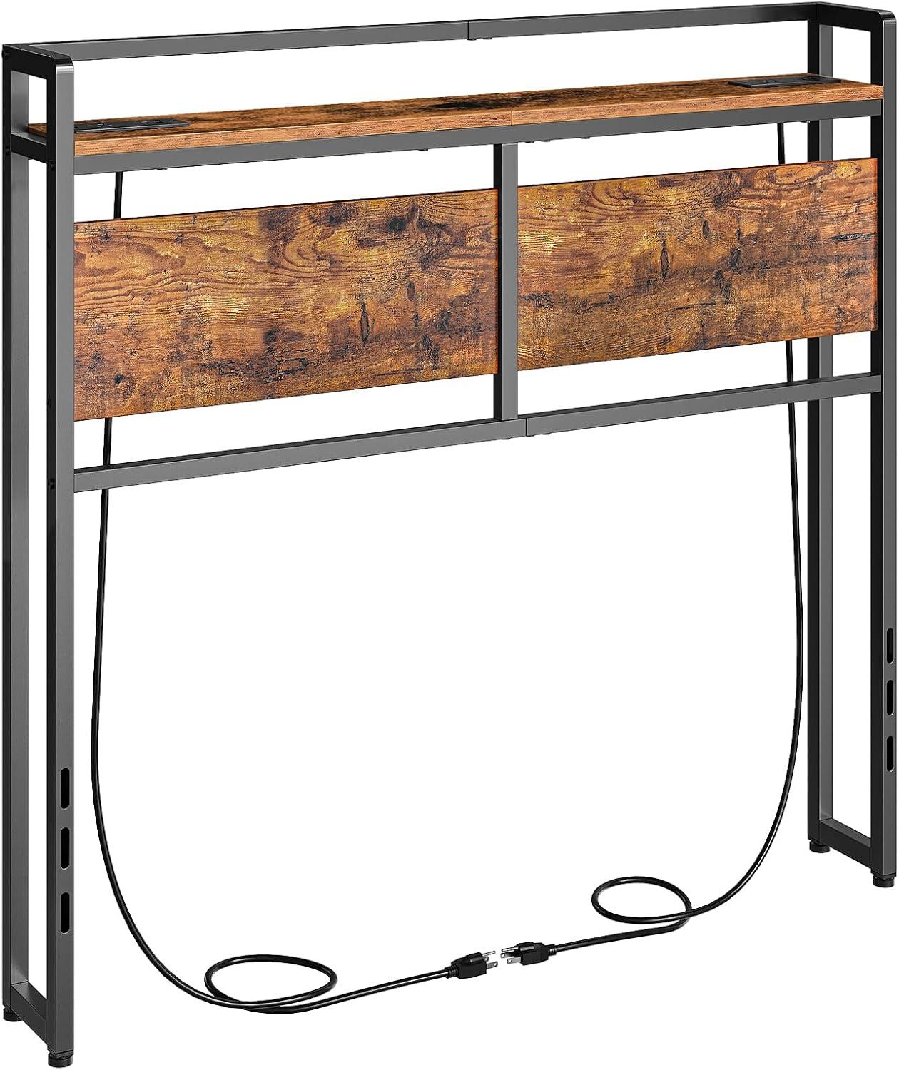 Full Size Headboard, Headboard with 2 Outlets, LED Lights and USB Ports, Adjustable Height, Storage Rack, Sturdy and Stable, Easy Assembly