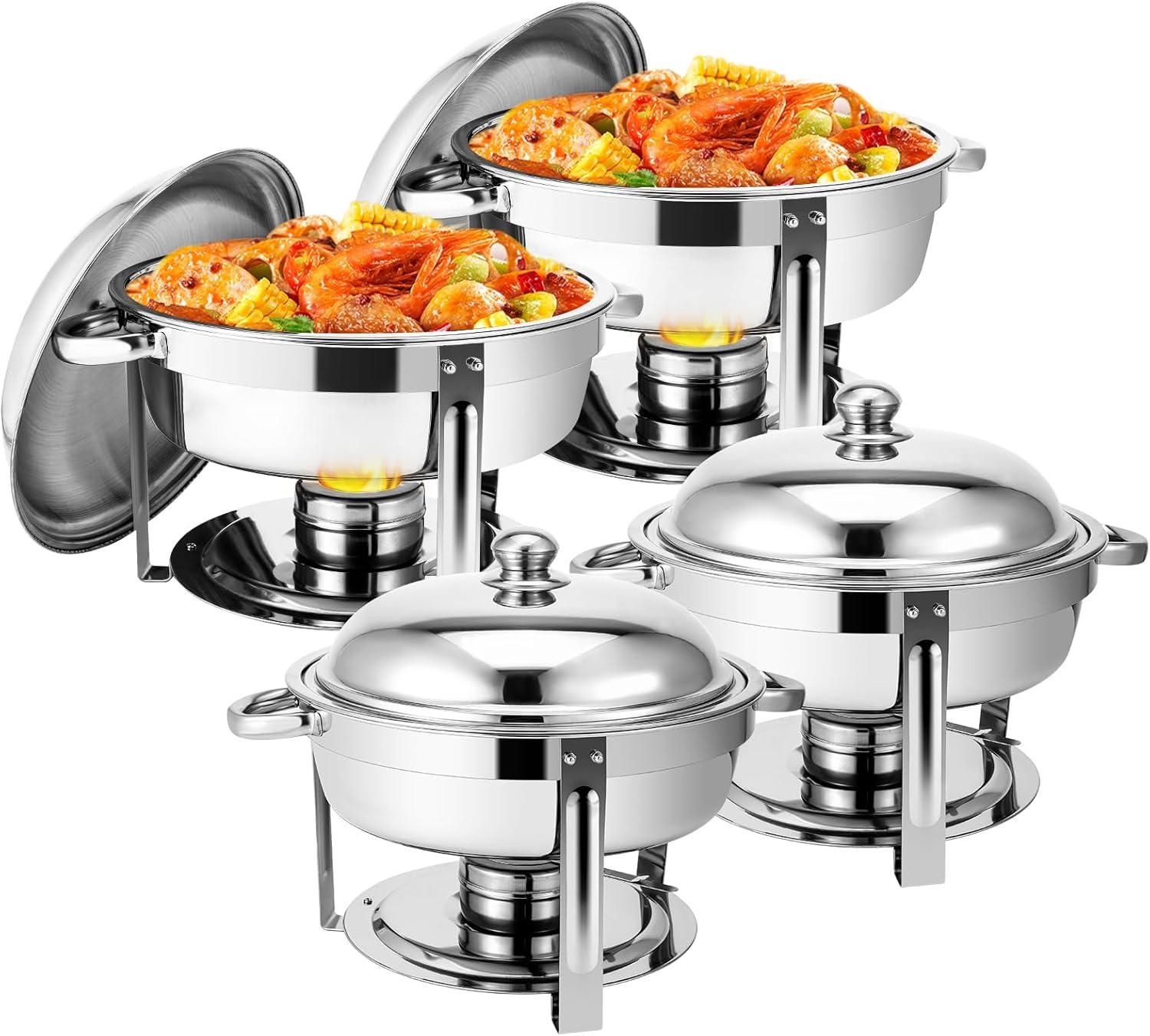 Round Stainless Steel Chafing Dish Set with Glass Lid, 5-Quart, Silver, Set of 4