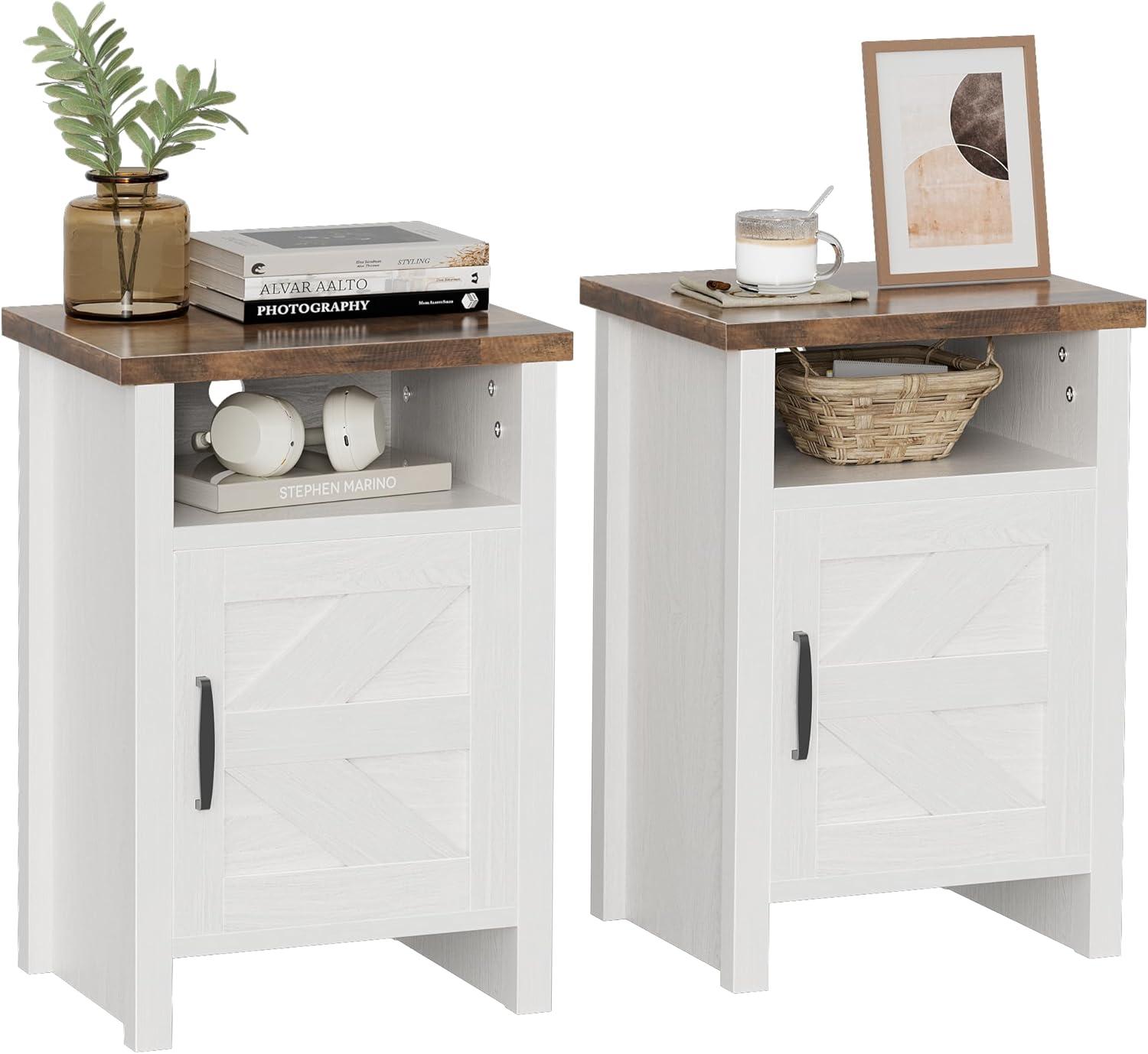 Wood Nightstands with Charging Station End Table Bedside Tables with Barn Door