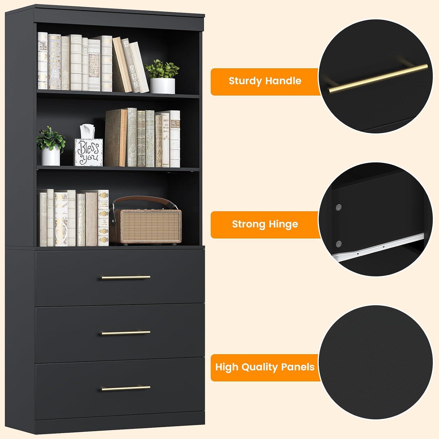 Winkalon 71" H Black Bookshelf with Drawers, Bookshelf and Bookcase with 3-Tier Open Shelves, Tall Bookcase Tall Storage Cabinet for Home Office