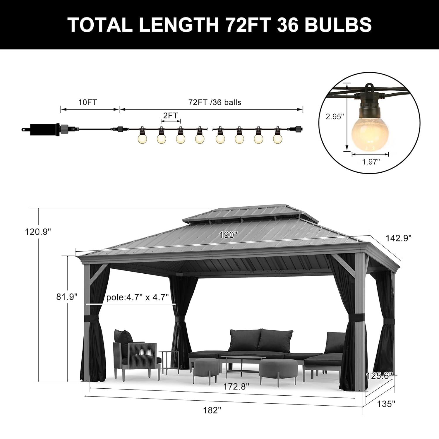 PURPLE LEAF 12' X 16' Hardtop Aluminum Gazebo with Netting and Curtains Heavy Duty Permanent Gazebo with Double Metal Roof for Patio Deck Lawn Garden All Weather Outdoor Pavilion Gazebos, Light Grey