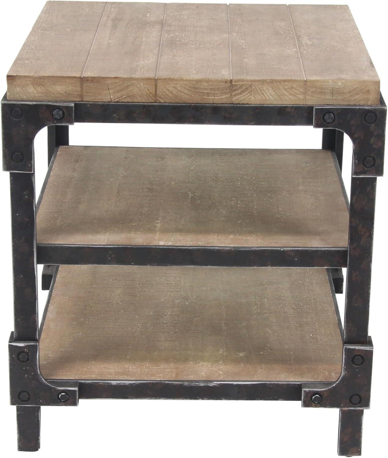 Olivia & May Industrial 3 Tier Side Table Brown: Sturdy Wood Frame, Fixed Shelves, Square Shape