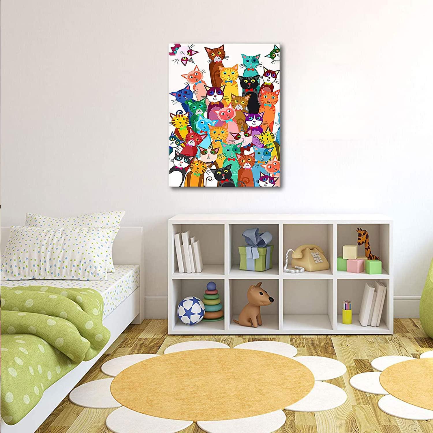 Framed Funny Colorful Cat Wall Art Cartoon Cat Canvas Print Cute Kitten Picture Poster Animals Painting Wall Decor for Bathroom Kid's Bedroom Nursery 12x16Inches