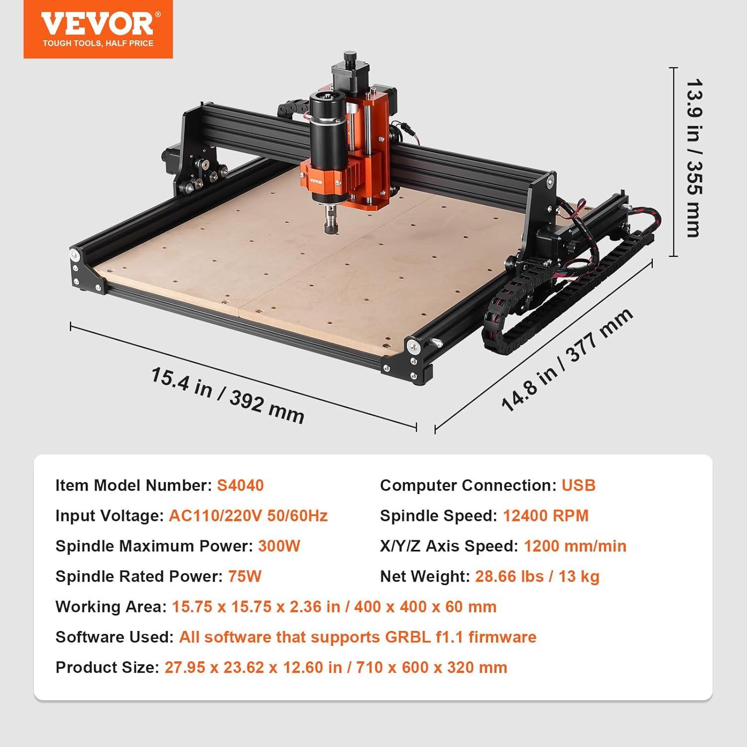 VEVOR CNC Router Machine, 300W, 3 Axis GRBL Control Wood Engraving Carving