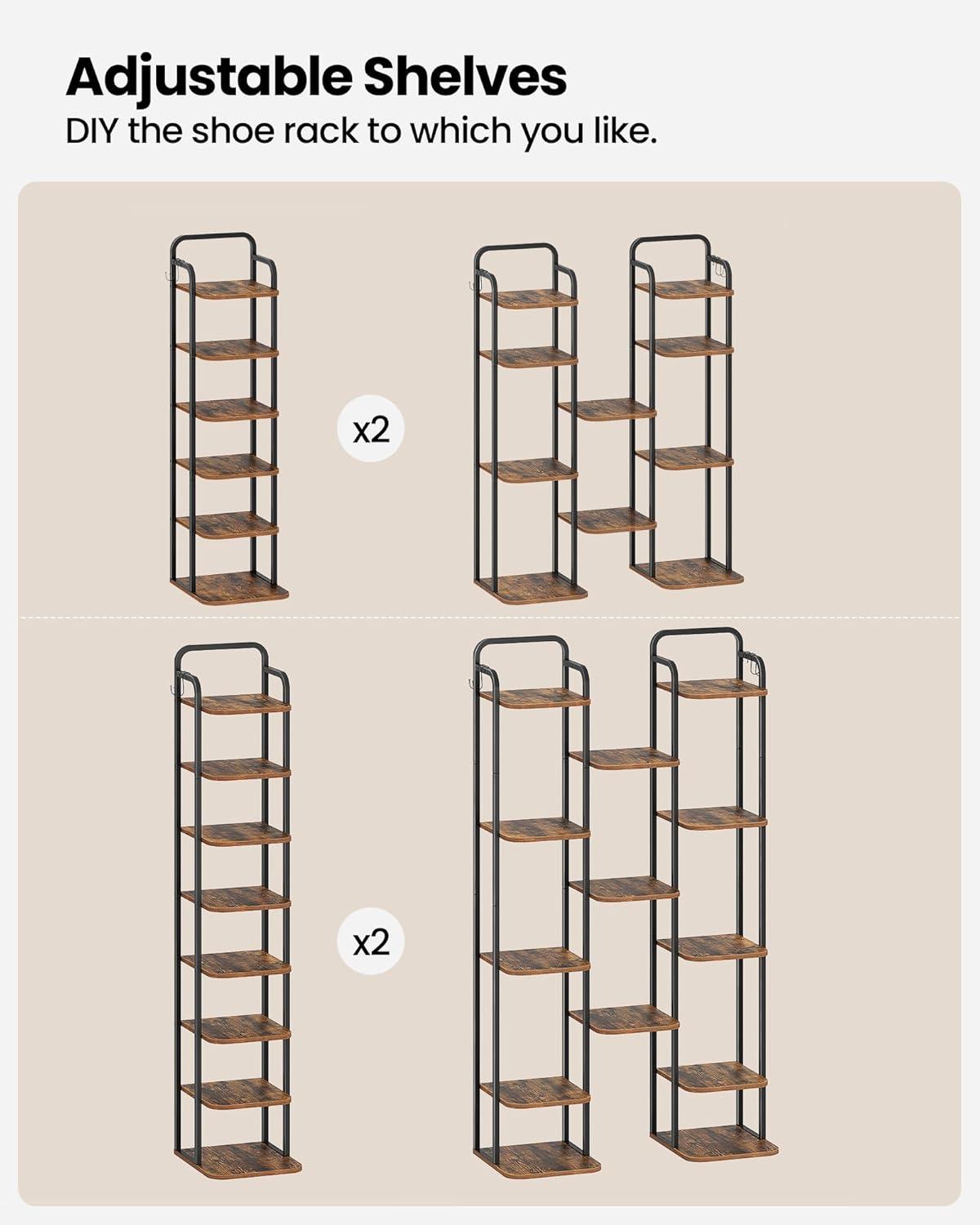 Vertical Shoe Rack, Shoe Shelves, Wood Shoe Organizer For Closet, Entryway, Shoe Tower For Small Spaces, Free Standing, Adjustable, With 2 Hooks, 6 Tier Rustic Brown