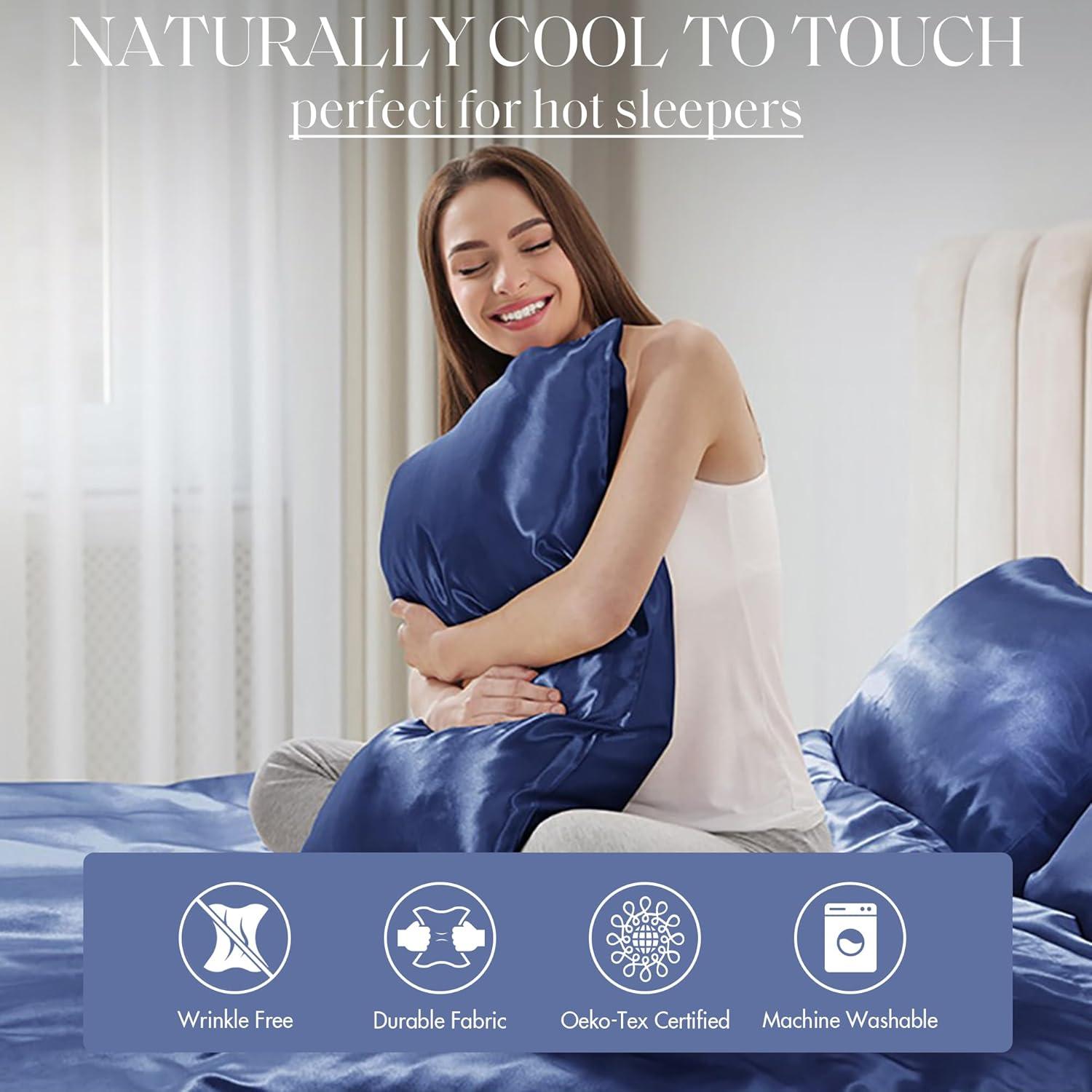 Madison Park Essentials Satin Sheet Set Luxury and Silky with Natural Sheen, Elastic 14" Pocket fits up to 16" Mattress, All Around Elastic - Year-Round Bedding, Cal King, Navy, 6 Piece