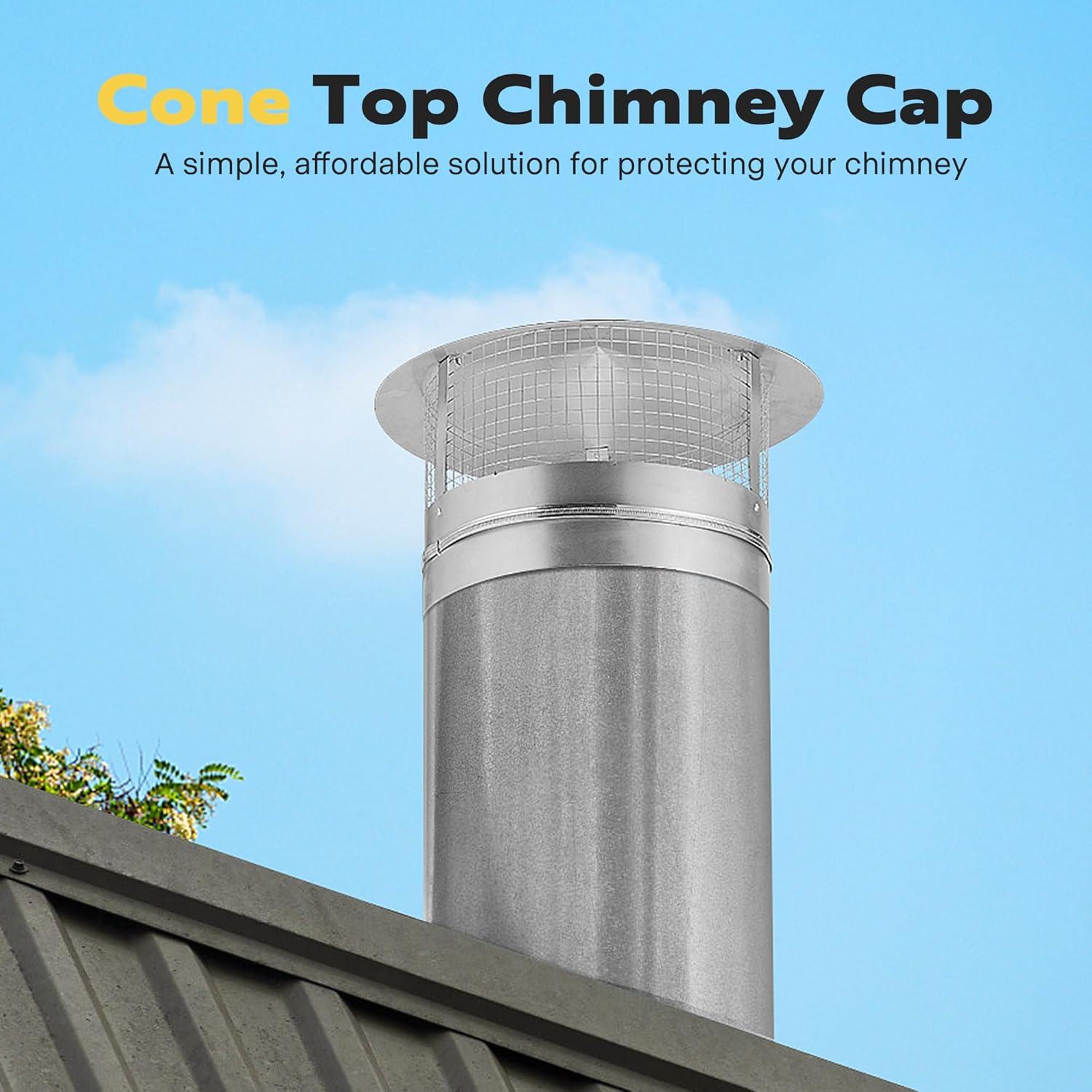 SPECSTAR 14" Cone Top Chimney Cap with Screen, Round Roof Rain Chimney Cover, Galvanized Steel Fireplace Exhaust Cap, Adjustable Roof Cap for Vent