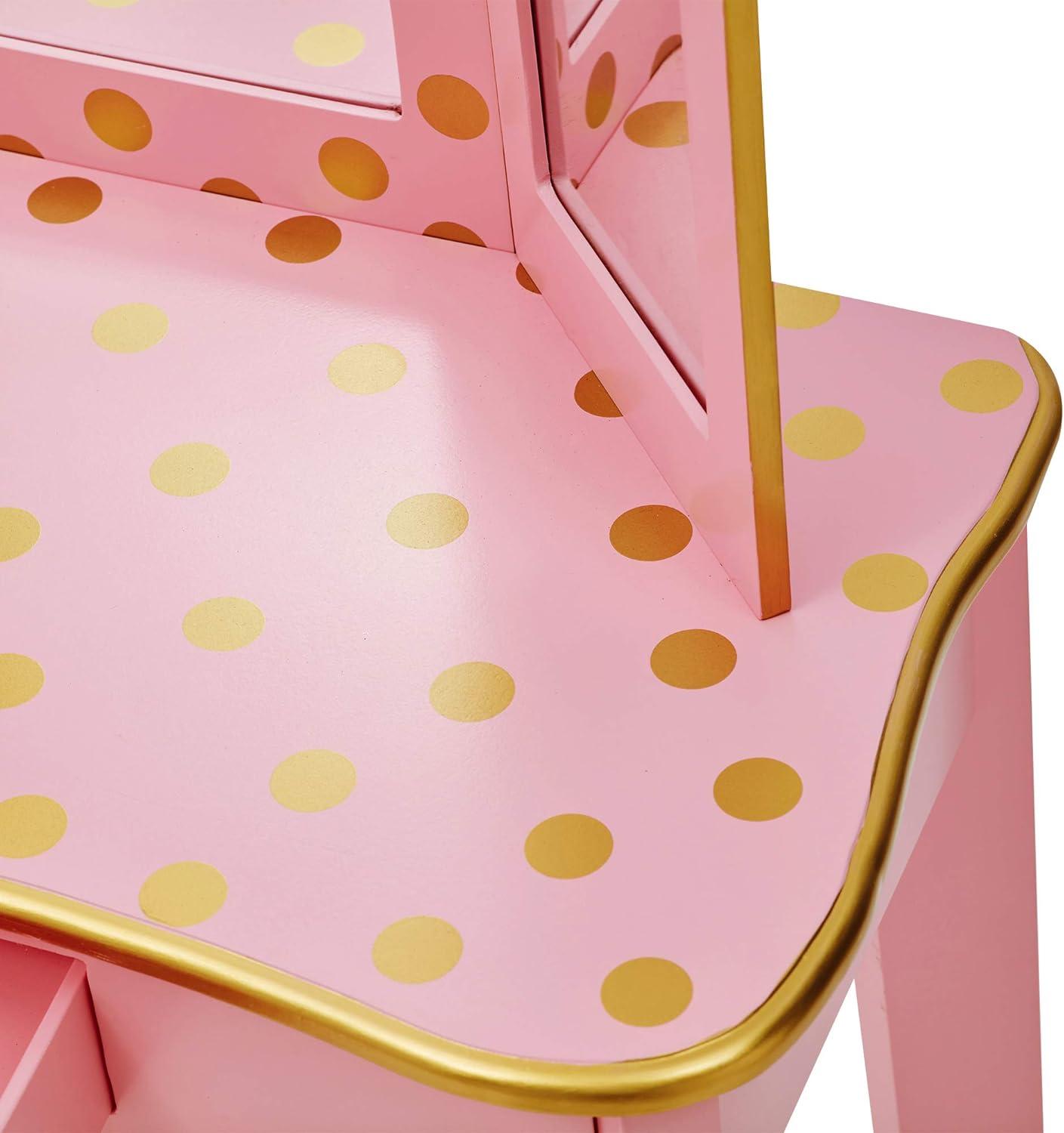 Pink and Gold Polka Dot Kids Vanity Set with Bench