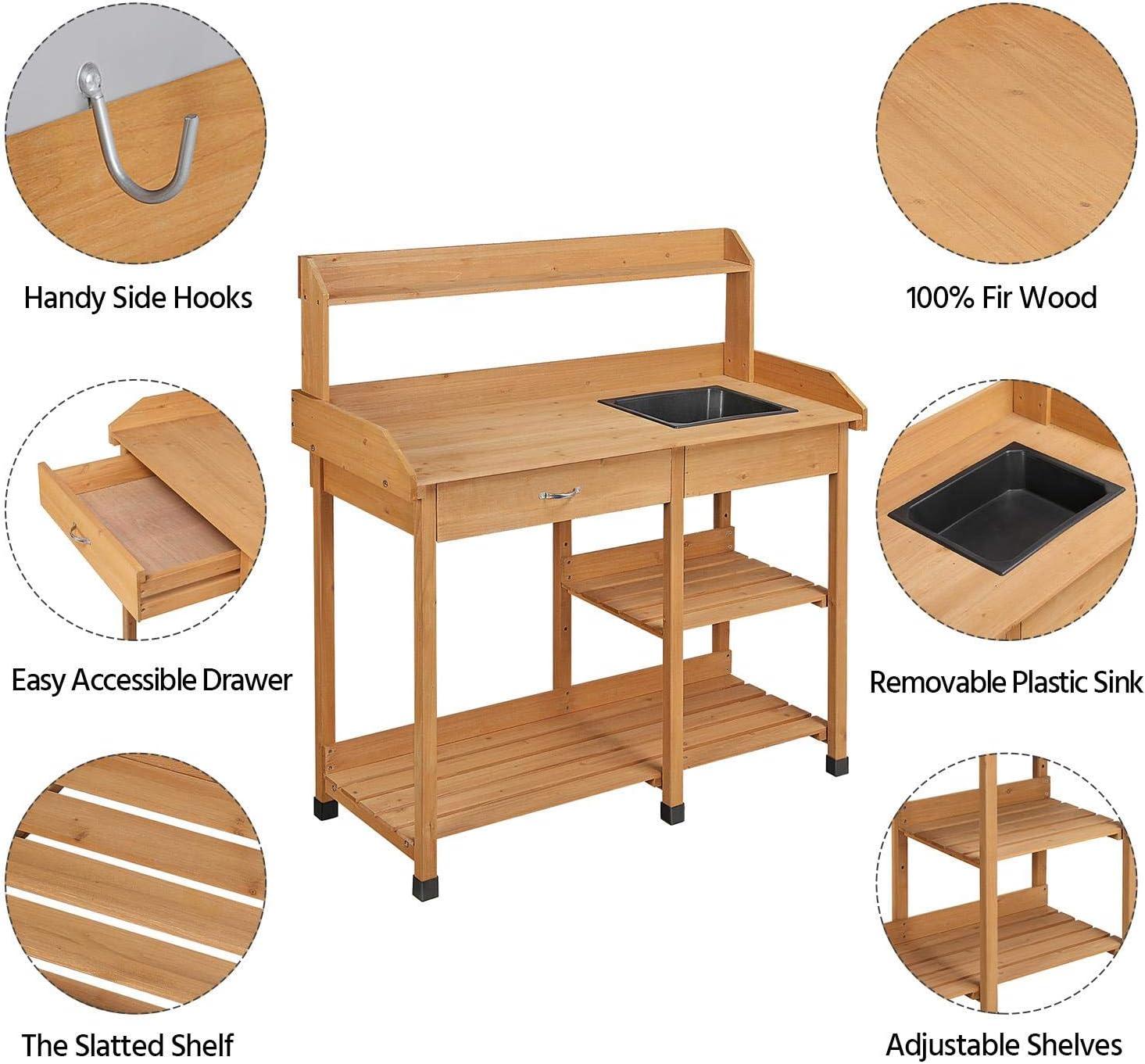 Natural Fir Wood Garden Potting Bench with Removable Sink