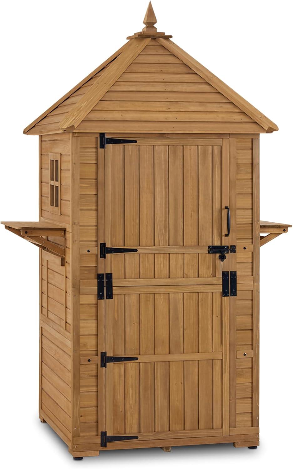 Natural Fir Wood Tall Outdoor Storage Shed with Shelves and Foldable Tables