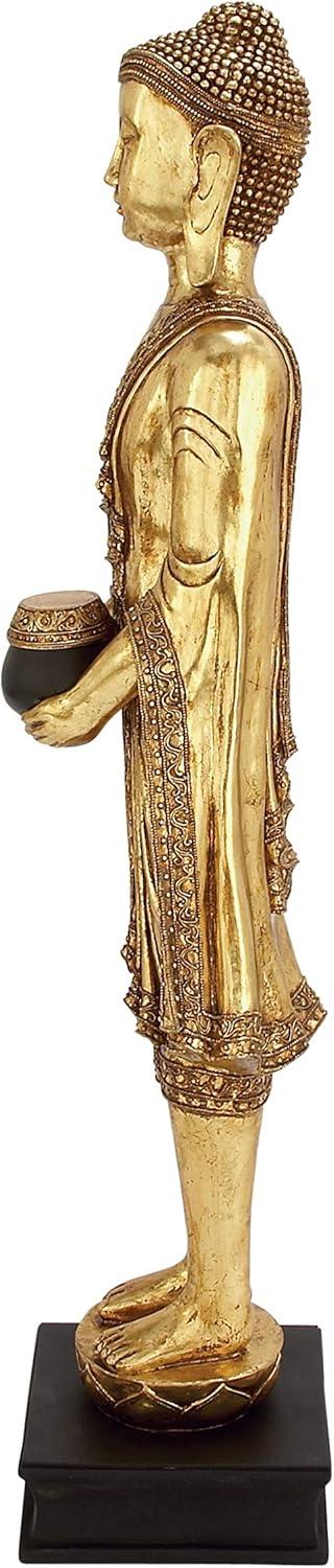 16" x 54" Gold Resin Meditating Buddha Sculpture with Engraved Carvings and Relief Detailing, by DecMode