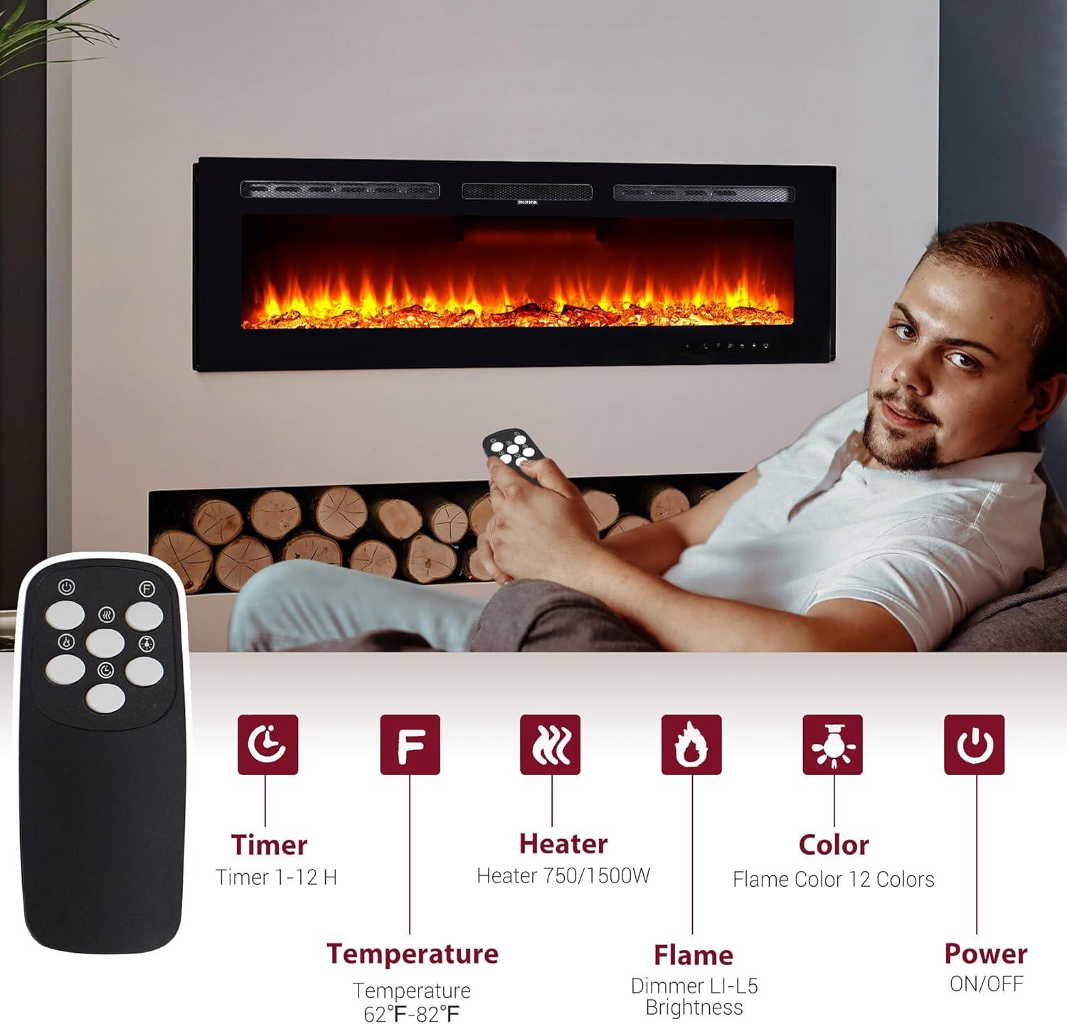 Electric Fireplace in-Wall Recessed and Wall Mounted, 50" Fireplace Heater and Linear Fireplace with Timer/Multicolor Flames/Touch Screen/Remote Control, 750W/1500W