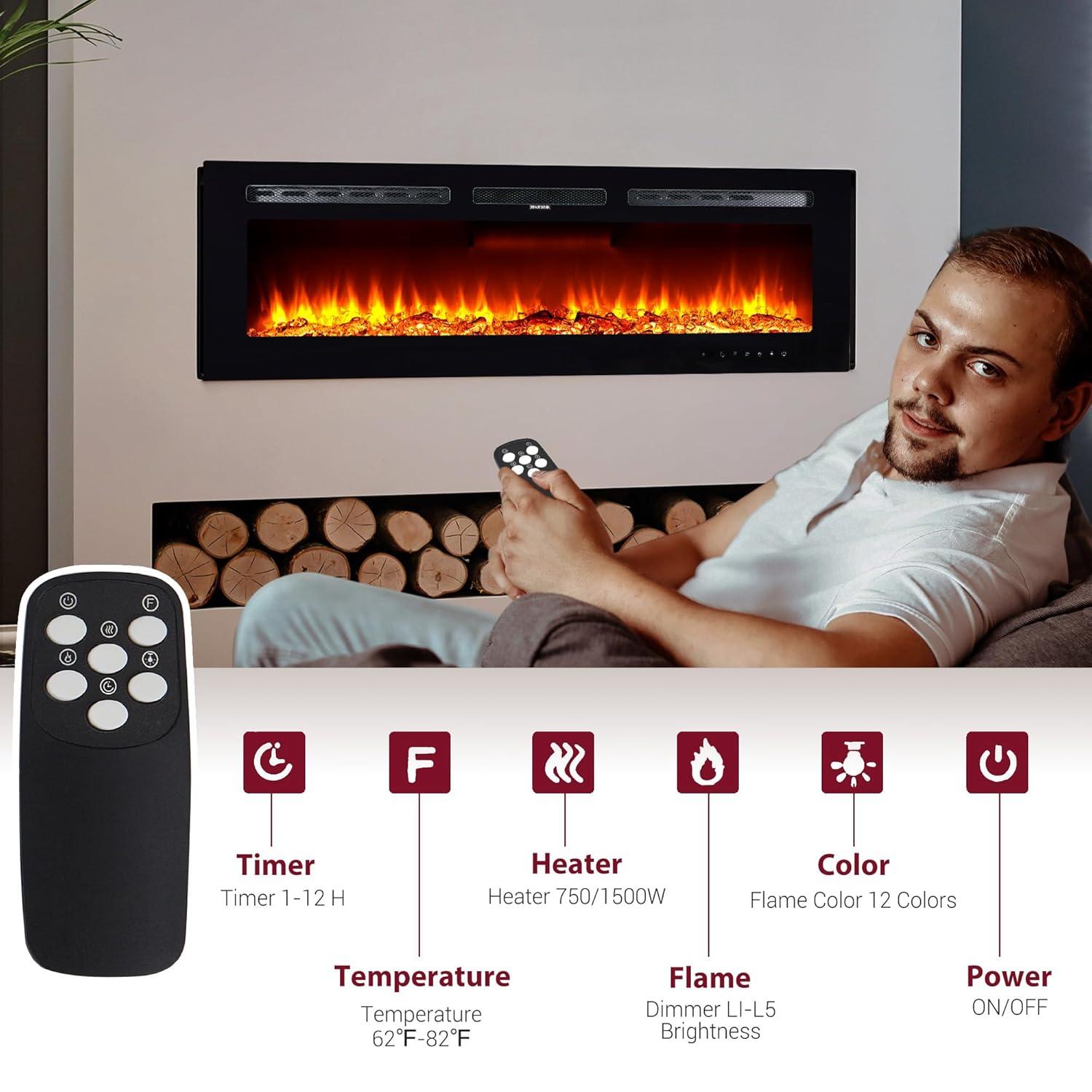Electric Fireplace in-Wall Recessed and Wall Mounted, 50" Fireplace Heater and Linear Fireplace with Timer/Multicolor Flames/Touch Screen/Remote Control, 750W/1500W