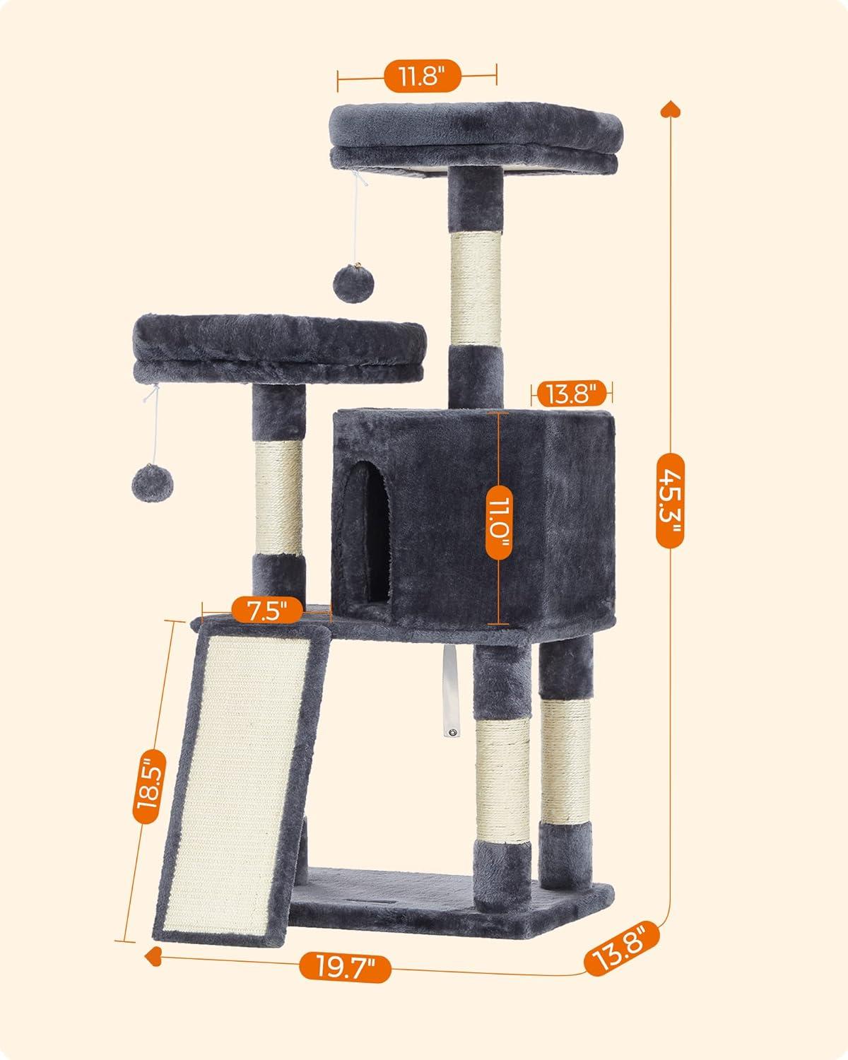 FEANDREA 45.3-Inch Cat Tower, Cat Tree for Indoor Cats, Cat Condo, Smoky Gray