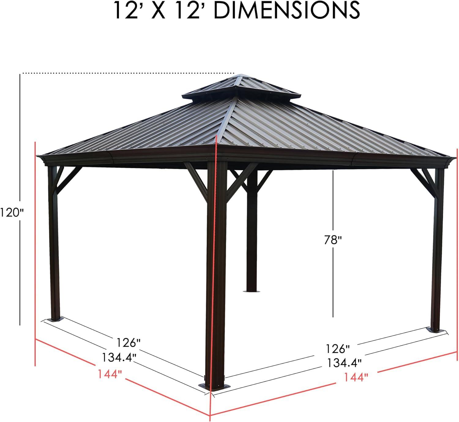 Kozyard Alexander 12' X 12' Hardtop Gazebo, Aluminum Metal Gazebo with Galvanized Steel Double Roof Canopy, Curtain and Netting, Permanent Gazebo Pavilion for Patio, Backyard, Deck, Lawn (Brown)