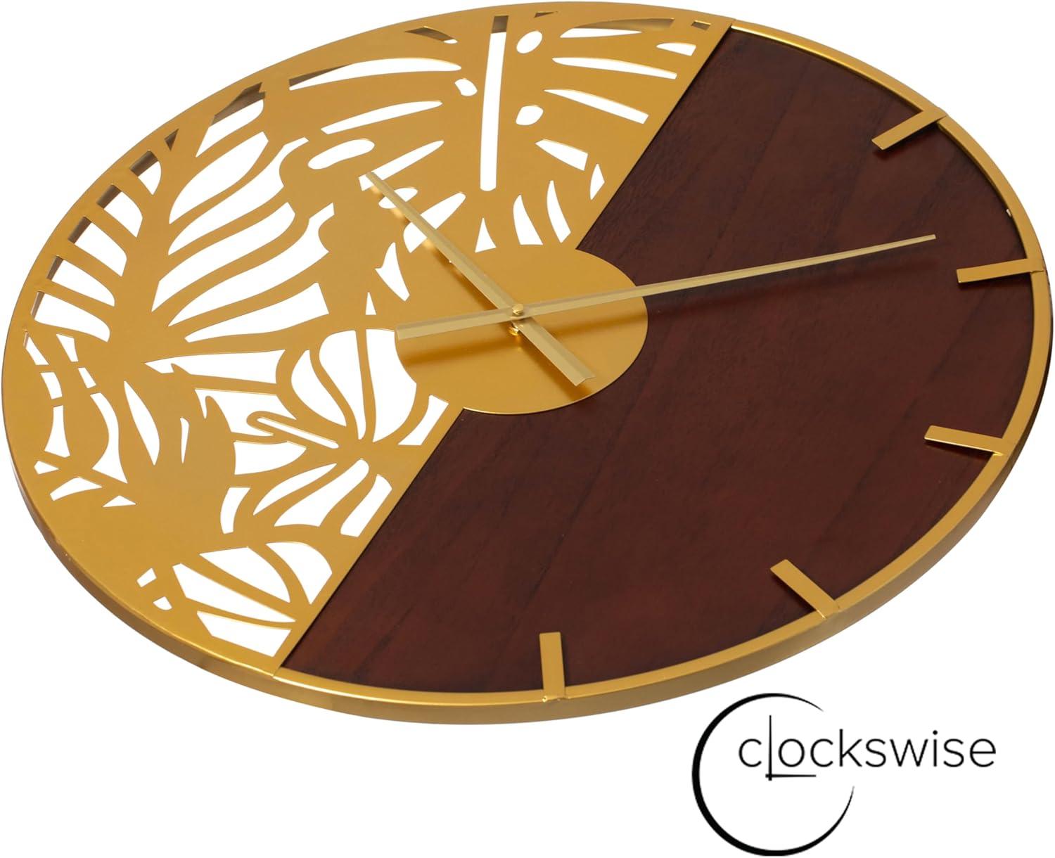 Clockswise 23.6” Round Big Wall Clock, brown wood and gold Metal with Leaf Cutout for Entryway Office Living Room or Kitchen, Hanging Supplies Include