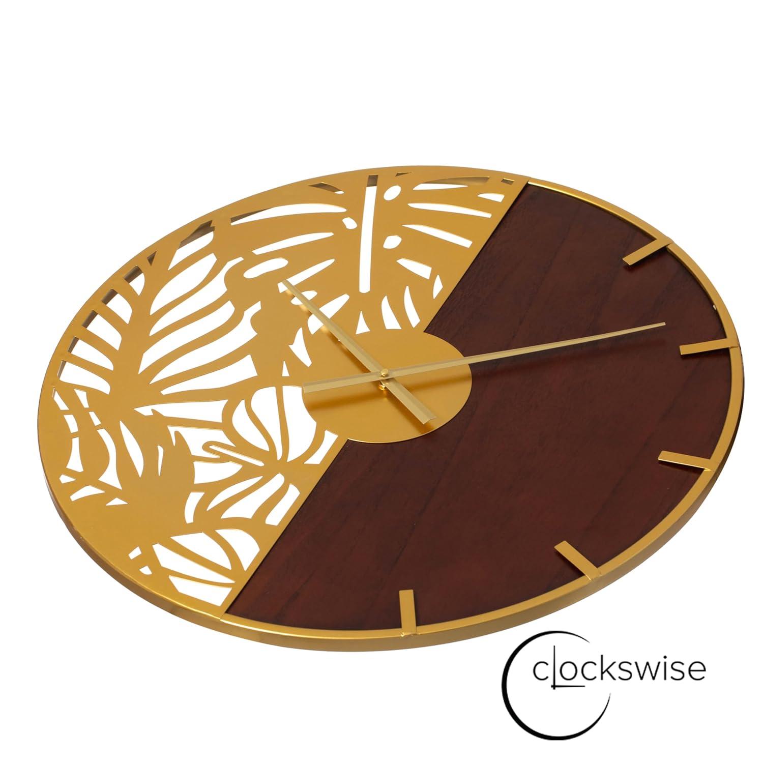 Clockswise 23.6” Round Big Wall Clock, brown wood and gold Metal with Leaf Cutout for Entryway Office Living Room or Kitchen, Hanging Supplies Include