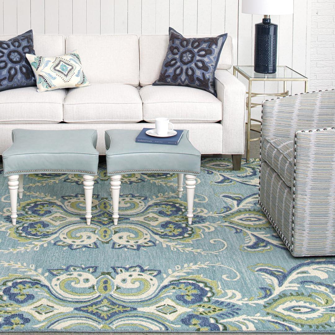 Adelaide Hand Hooked Aqua/Green/Ivory Wool Rug
