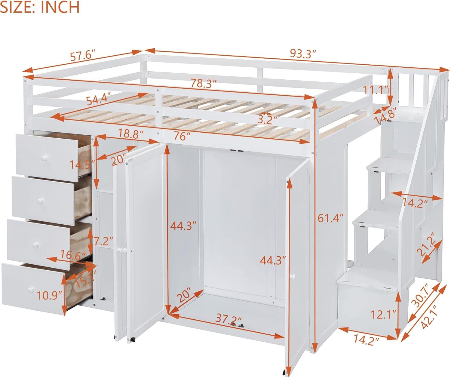 Harper & Bright Designs Full Size Loft Bed with Stairs and Wardrobes, Solid Wood Loft Bed Frame with Storage Cabinets and Drawers for Kids Teens Adults, Weight Capacity: 600LBS, White
