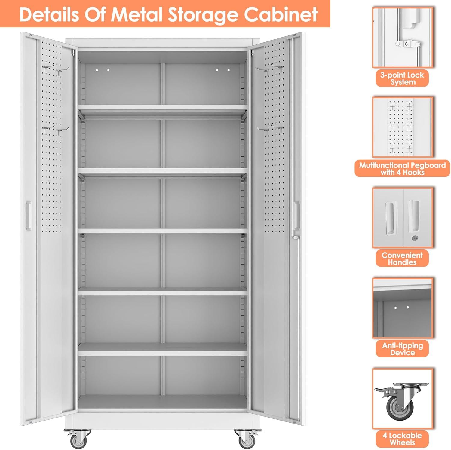 AOBABO 72 Inch Locking Metal Garage Home Office Storage Cabinet with Universal Rubber Wheels/Lockable Casters and Magnetic Doors, White