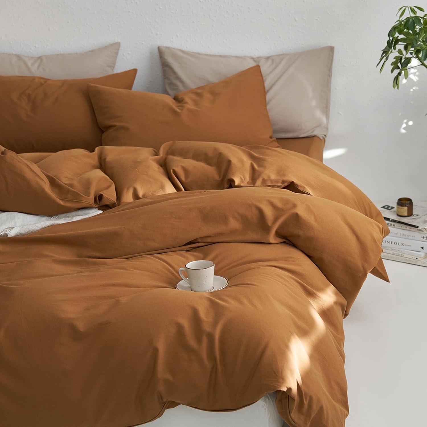 MOOMEE 100% Washed Cotton Linen Like Textured Duvet Cover Set